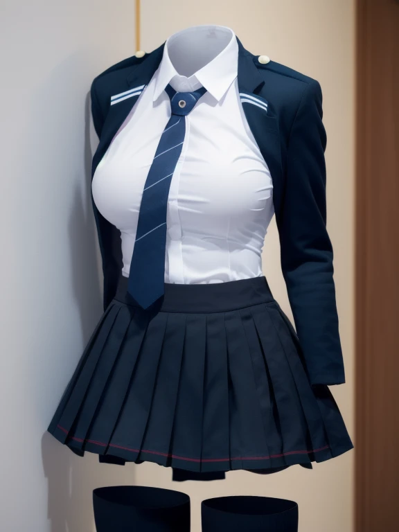 school uniforms raise their sleeves as if can not see girl wear it, school uniforms swells as if possessed by can not see girls, school uniforms have Huge breasts, (((((No humans))))), (Headless), Faceless, can not see girls, Hands on hips, (masterpiece), ((can not see)), Huge breasts, Very short skirt, whole body, socks