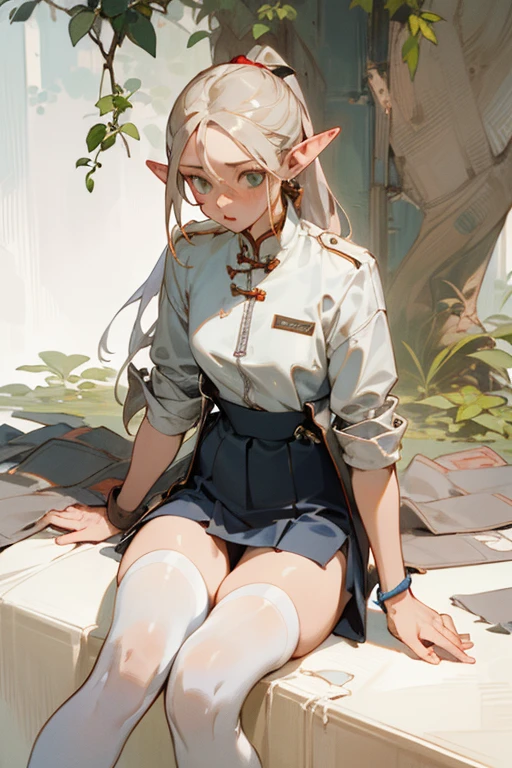 (masterpiece, best quality) detailed, Wearing white tights, silver accessories , zipper unzipped , bionde ,elegant, pointed ears ,Chinese element pattern,thigh,Leaking thigh,White shirt,white pleated skirt,torn clothes,Alphonse Mucha's