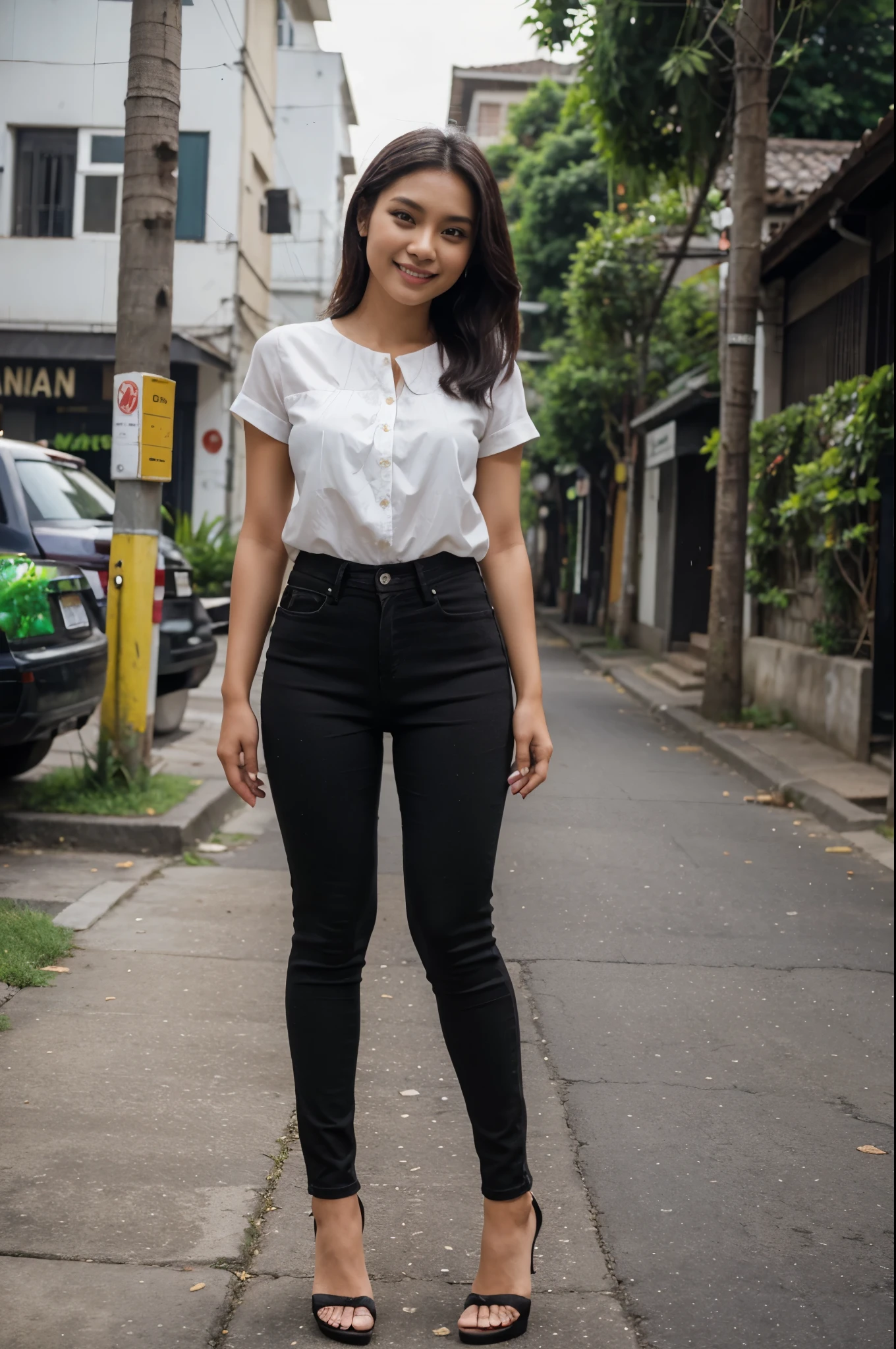 25 years old, a beautiful girl, an indonesian descent, an actress, short sleeve blouse, black skinny jeans, with heels, smile, standing, beauty, photorealistic, street, likely, loveable, 8k, perspective