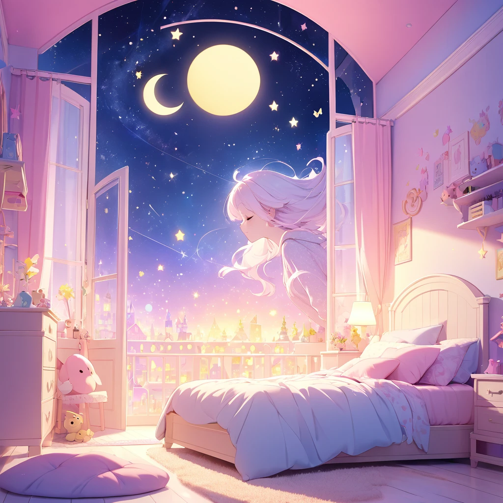 Luna drifting off to sleep in her room, knowing that the night sky is filled with friends, magic, and endless possibilities, blue, pink, pastel yellow, bright theme, HD, 4K