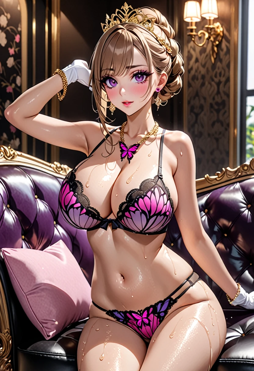 (((Highest quality, Ultra-high resolution、The most complex and detailed depiction)))、((masterpiece:1.3)), (8k, RAW Photos, Best image quality: 1.4), (Very detailedな顔、Attention to detail、Cute woman:1.4),(Realistic:1.4) (8k, RAW Photos,), (photo-Realistic:1.4), Very detailed, Beautiful attention to detail, (girl:1.3)、(Embarrassing、He looks at me with a sad expression、Ecstatic expression，blush)、(Dark eyeliner、Eyelash length、False eyelashes、double eyelid、Brown eyes),(hostess:1.2)，((Purple and dark pink butterfly pattern bra)、(Purple and dark pink butterfly pattern panties))、(Gorgeous ruby necklace、Large gold earrings)、(Gold bracelet、A gorgeous gold tiara studded with jewels)、(Sheer white lace skirt、Mesh fabric、Fishnet tights),(White opera gloves)、(High heels),(Huge breasts:1.6)、(Cleavage:1.2)、(((Light brown hair、Braided Hair、((Tie your hair up，Give hair))、Gal-style makeup、(Dark eyeliner、Black eyeliner、Heavy eye makeup、Eyelash length、False eyelashes、Eyelash length)、Slit eyes、Large pupils、elongated nose、Heavy makeup、Face with gills、(((Perfect Style)))、Spread your legs座る、Spread your legs、sexy、(Saggy breasts、Large saggy breasts)、((Sweat、Your body is wet))、(((Luxurious black sofa、Spread your legs座っている)))