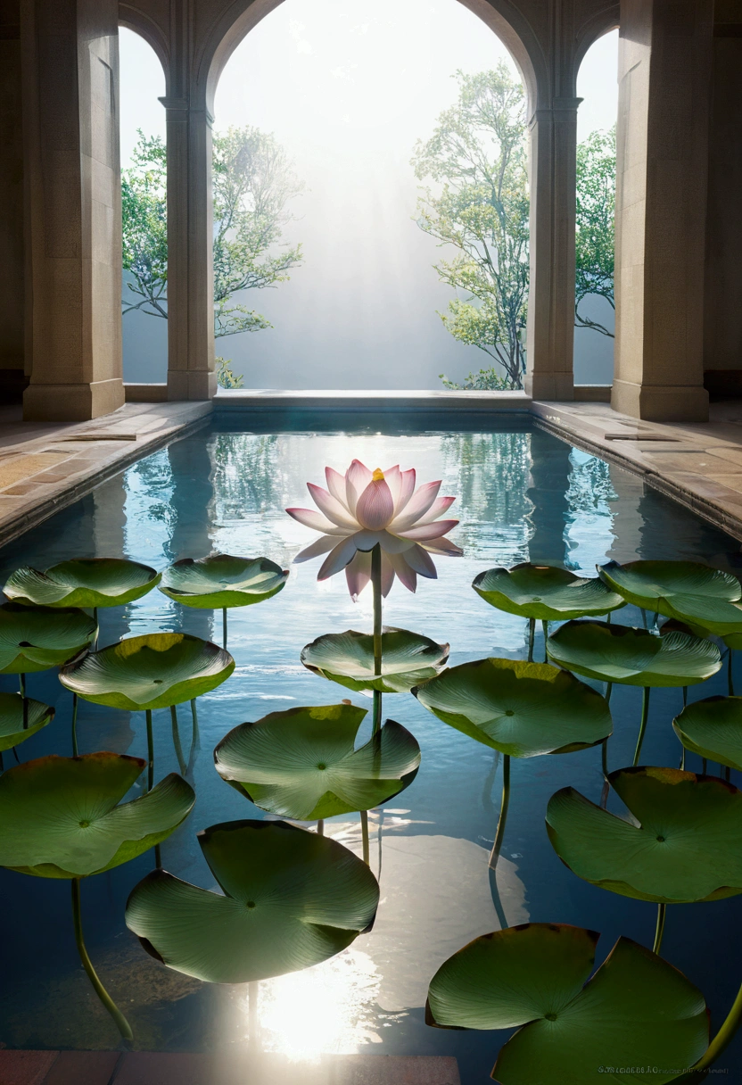 leaf, lotus, water, (Courtyard 1.5), Sunlight, (Sunlight照耀在lotus上),Foggy, 部分water下拍摄, symmetry, Quite the opposite, close up, , OP Art, modern Art, Luminism, light, spark, Divine Light, Ray Tracing, Ultra HD, Retina, masterpiece, precise, Super Detail, Anatomically correct, High Detail, high quality, The award-winning, best quality, high resolution, 16K