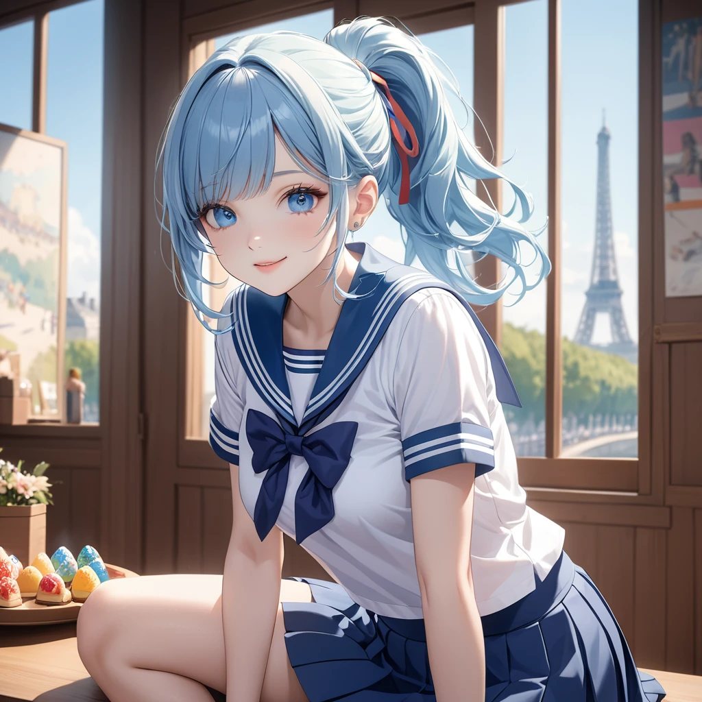 (8k, Tabletop, Highest quality, Official Art, Beautiful details, Beautiful lighting, The greatest masterpiece ever made), (1 girl, alone), (), (Beautiful details face), (Glowing White Skin), (Beautiful big bust:1.3), (Thighs, belly button), (Beautiful details Blue ponytail hair, bangs:1.3), (Beautiful details drooping blue eyes:1.5), break, (High School Uniform:1.3), (Patcel Blue Sailor Collar, White short-sleeved short-length shirt, Pastel blue pleated skirt, Pasel Blue Ribbon:1.5), (Smile:1.2), break, (Charm, Looking at the camera, Cute pose), Nice views, (Ultra detailed beautiful France, Paris, Olympic), (Japanese flag:1.5),