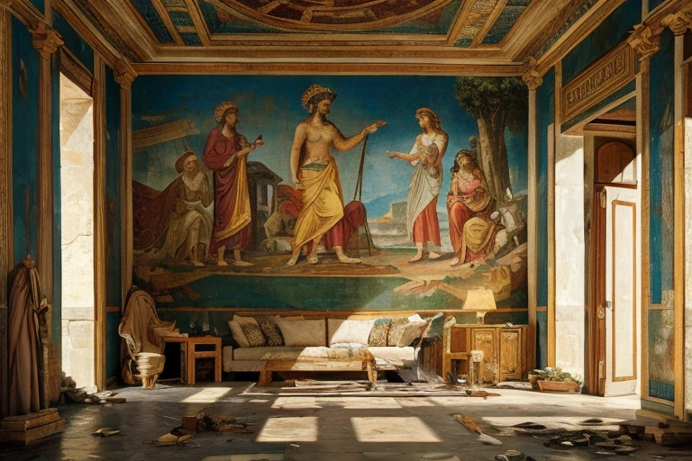 Ancient Greece, Fresco, mosaic, Decayed, weathered, Colorful, Mythological scenes, Interior decoration, mural, Rich in detail, Art details, Light and shadow, Historical art