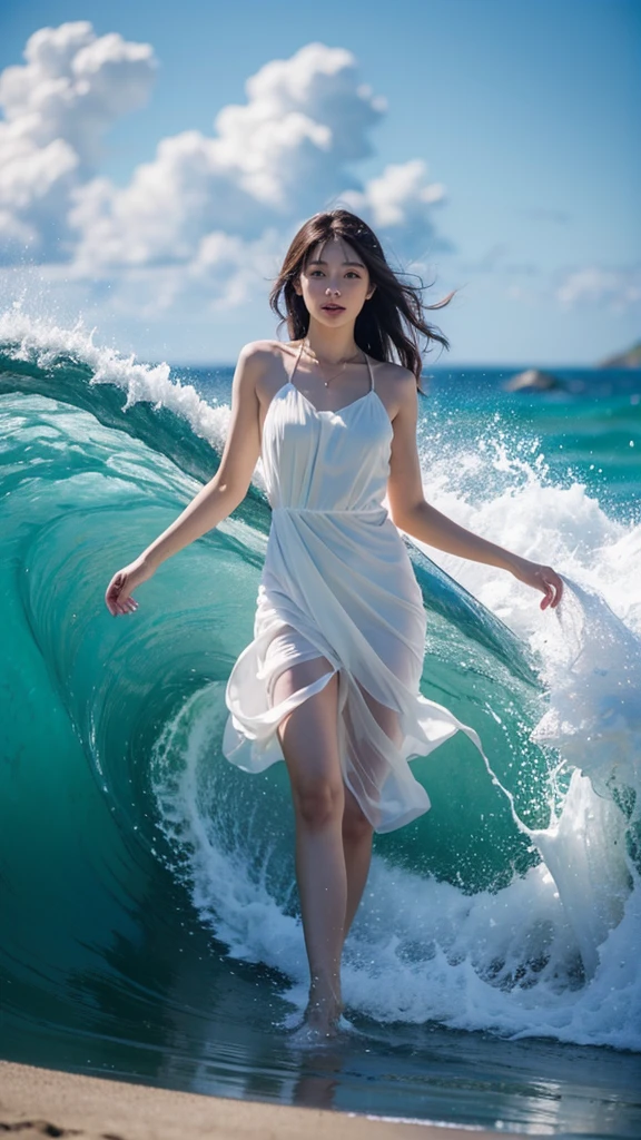Highest quality,masterpiece,Ultra-high resolution,(Actual:1.4),オリジナルphotograph,Ultra-high resolution,summer,Blue sky,blue sky,8k,Beautiful woman,cute,beautiful,summer,Beach,Fair skin,Exquisite makeup,Big waves,White Dress,Sandy Beach,Long legs,Bright and beautiful,Blue sky,Clouds flowing、A scene from a movie,photograph,