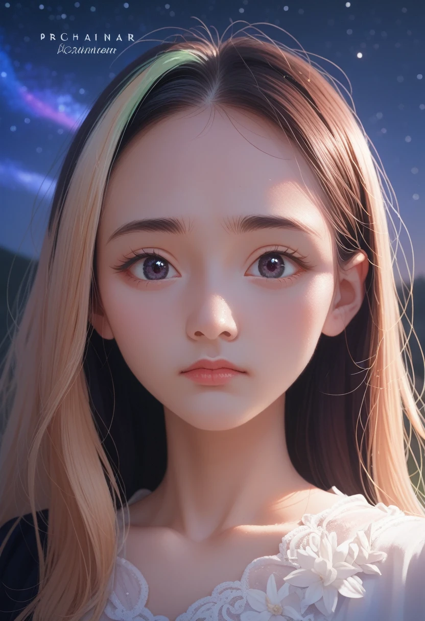 masterpiece, Amazing girl, Cute girl, Break, High detail eyes, Perfect eyes, portrait, High detail face, Same eyes, glare, Rainbow Colors, Global Illumination, Soft Light, Light of Dreams, number, 8K Close-up, fantasy, Night Sky, Star, nebula, White crystal, moonlight, peaceful, summer, (8K:1.1)