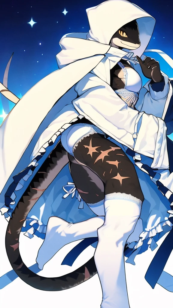 One person、Slender lizard man、masterpiece、Highest quality、Black body、There are scars on the body、Sharp Eye、Light blue lace underwear、Lace fabric bra、Knee-high socks、garter belt、Long, thin tail、Hooded camouflage coat、Leaping through the night sky、Side view、Ass