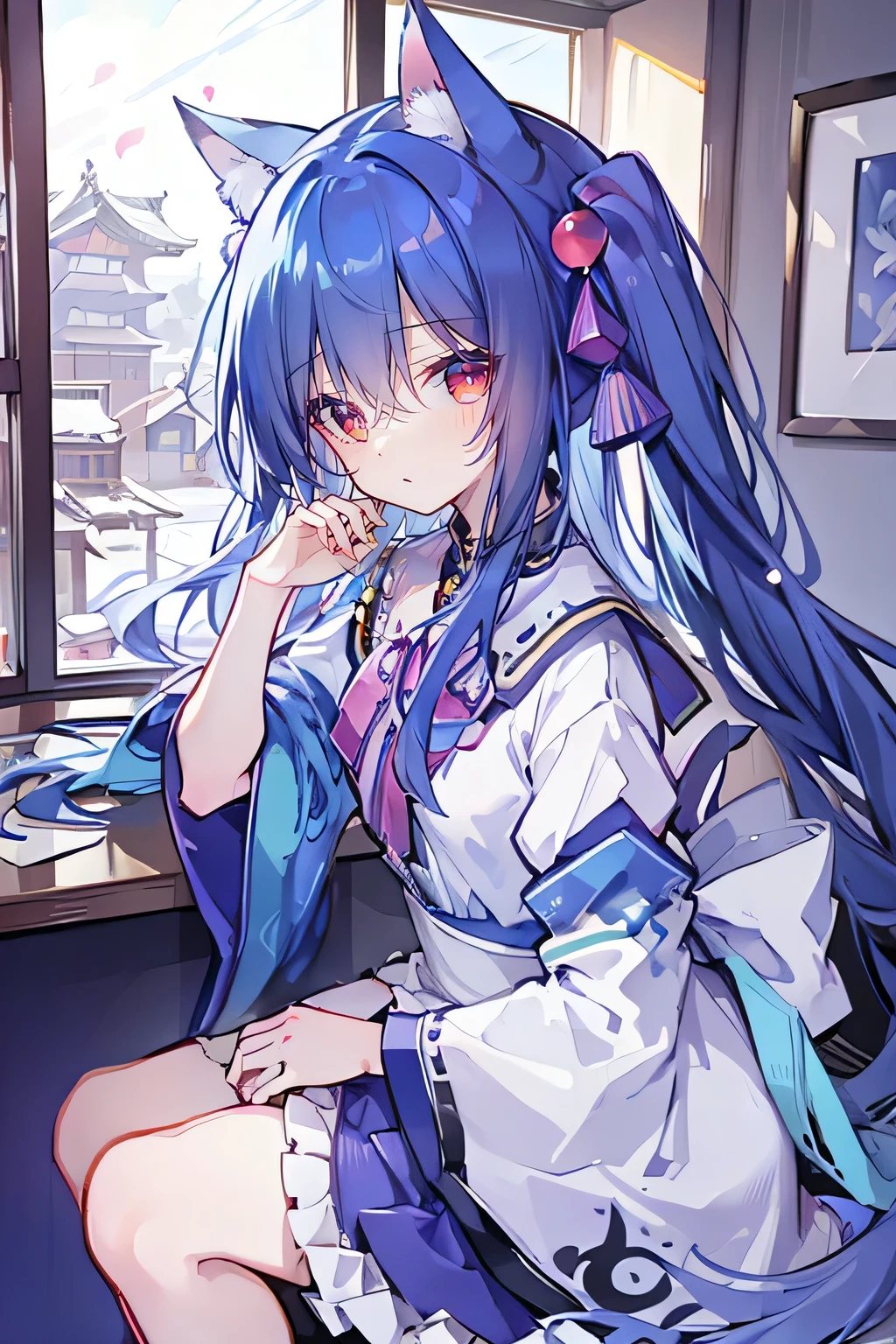 (Masterpiece:1.2)，Ultra-detailed，lifelike，The eyes are expressive，Fair skin，Perfect face shape，1 girl，Japanese Manga，Gorgeous blue hair，Flowing blue hair，Flowing clothes，Cat ears，Petals falling，Smile，Tokyo background，background，heavy snow，winter.Highest quality，perfect face，sitting on window sill drinking coffee and looking out the window，Back。