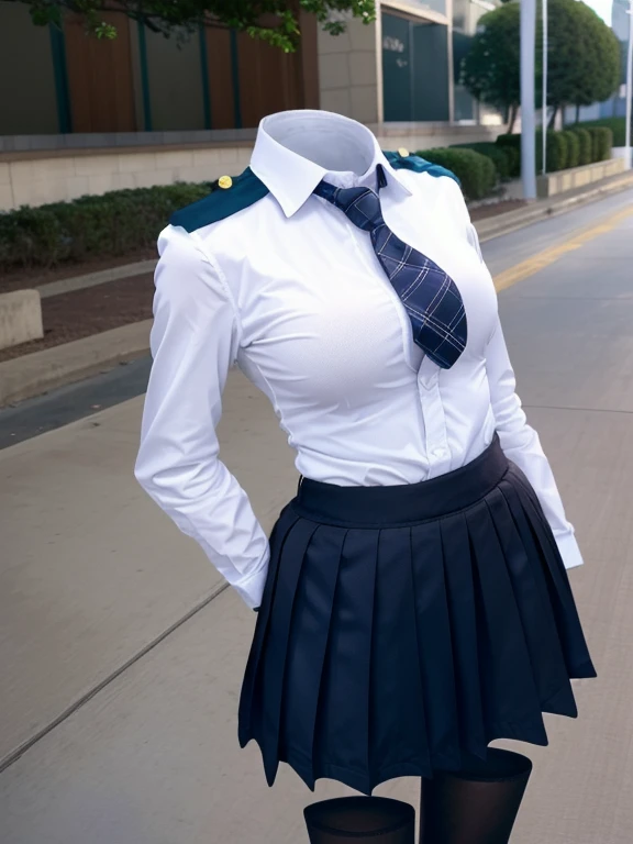 school uniforms raise their sleeves as if can not see girl wear it, school uniforms swells as if possessed by can not see girls, school uniforms have Huge breasts, (((((No humans))))), (Headless), Faceless, can not see girls, Hands on hips, (masterpiece), ((can not see)), Huge breasts, Very short skirt, whole body, socks