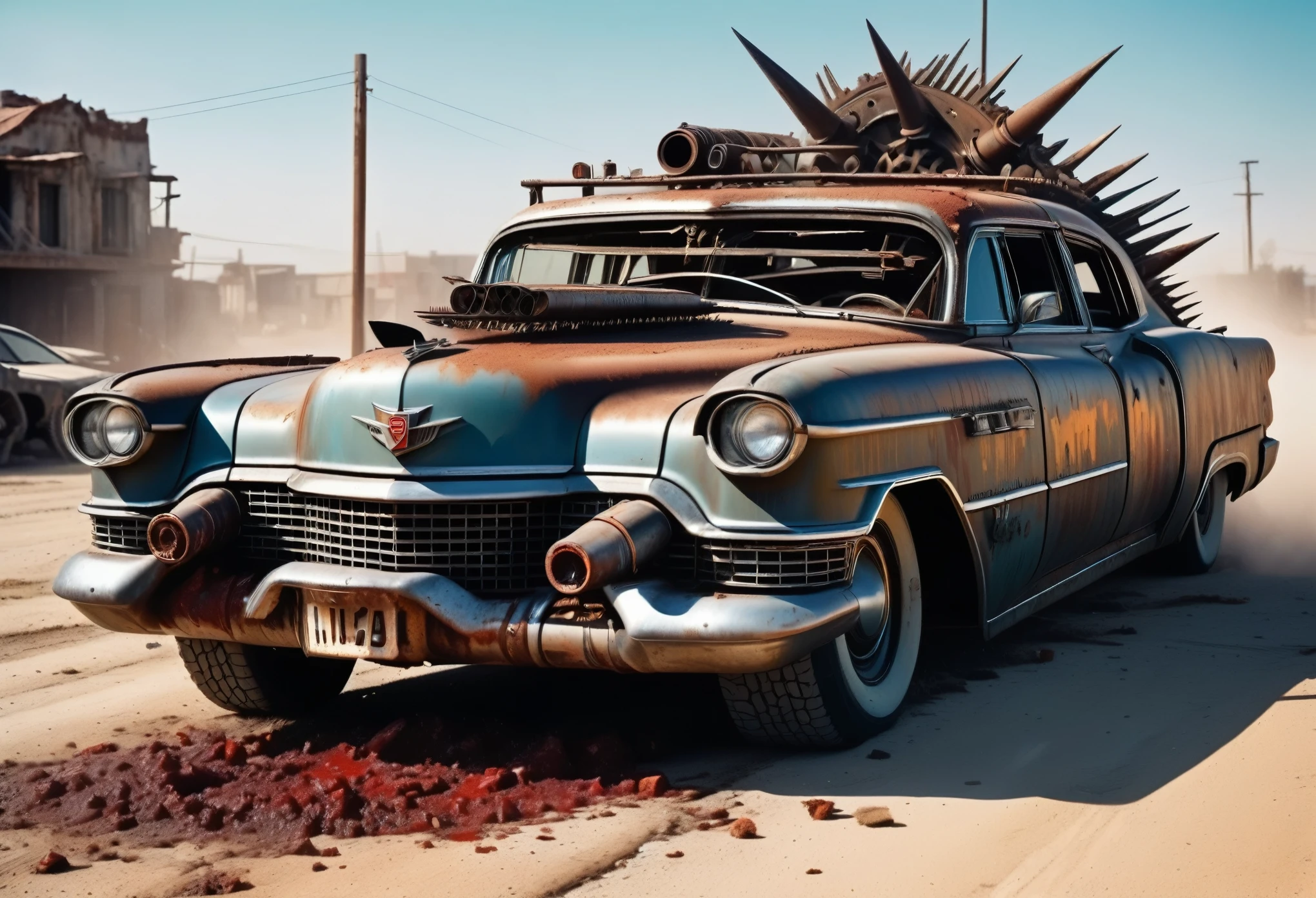 Create a diagonal and accurate image of an 18 year old girl with sunglasses leaning next to an old rusty and dirty 1955 Cadillac Eldorado with METAL spikes on the hood, War vehicle, WITH MANY SKEWERS AROUND the bodywork. WIDE AND THICK DIRTY WHEELS, front with a broken, blood-stained metal spiked anti-zombie grille with several rusty spikes; military style with modifications and metal protection, war tank style, broken and dirty headlights, the car races on a destroyed white concrete overpass in the center of a post-apocalyptic city with many ruined ultra futuristic cylindrical buildings around, steampunk car, dramatic art, dieselpunk art style, apocalyptic road warrior vibe, surreal digital art, mad max inspired, heavy metallic artwork, chrome grille symmetry, arte steampunk digital, It&#39;s not the Mad Max style, metallic art, is not Filip Hodas; artwork style, steampunk digital art, dieselpunk, in a hightech world, photo on the diagonal