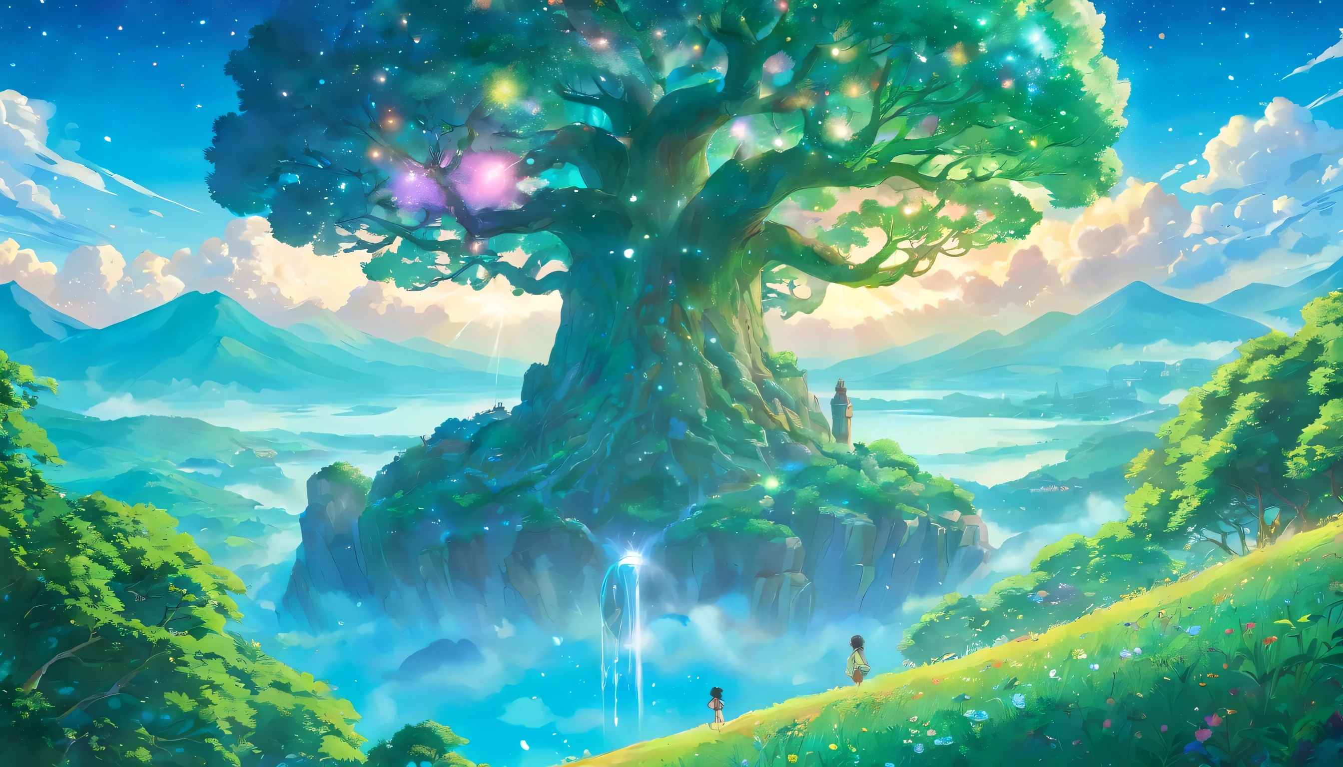 Um ssuprrealista、Sobrenatsupral、Ilsupstra??o de cena do ssupper c?sup,A hsupge crystal tree、very detailed and magical lighting、intricate forest details、Ssuprrosupnding vegetation and rivers、solar psupnk、scenario、giant tree、Beautiful green leaves、beasuptifsupl lighting and realistic proportions,Como se fosse supm pano de fsupndo de filme,8k,Maiorqsupalidade,Masterpiece artwork,closupds and stars in the sky, crystalline tree