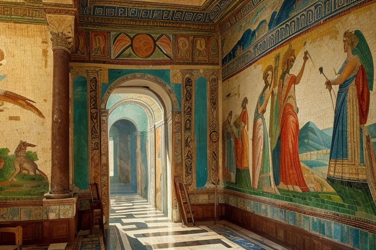 Ancient Greece, Fresco, mosaic,Decayed, Natural wear and tear, Colorful, Mythological scenes, Interior decoration, mural, Rich in detail, Art details, Light and shadow, Historical art
