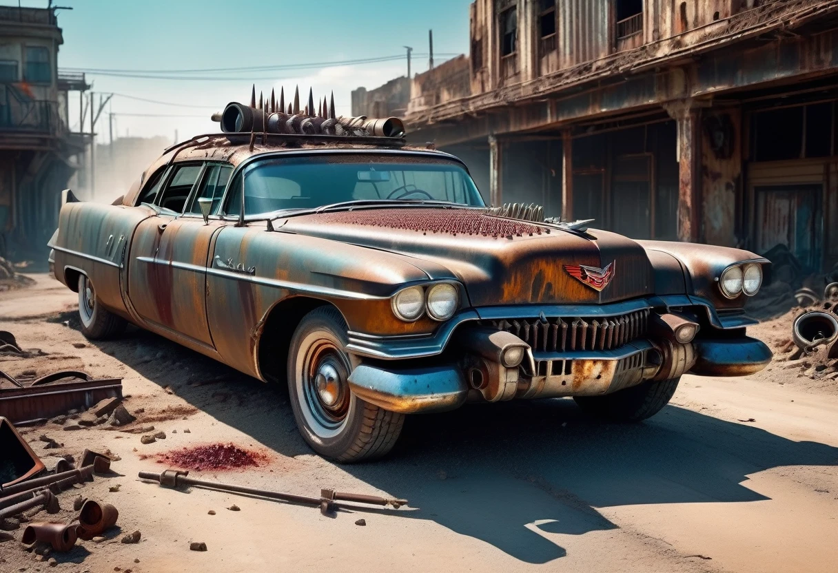 Create a diagonal and accurate image of an 18 year old girl with sunglasses leaning next to an old rusty and dirty 1955 Cadillac Eldorado with METAL spikes on the hood, War vehicle, WITH MANY SKEWERS AROUND the bodywork. WIDE AND THICK DIRTY WHEELS, front with a broken, blood-stained metal spiked anti-zombie grille with several rusty spikes; military style with modifications and metal protection, war tank style, broken and dirty headlights, the car races on a destroyed white concrete overpass in the center of a post-apocalyptic city with many ruined ultra futuristic cylindrical buildings around, steampunk car, dramatic art, dieselpunk art style, apocalyptic road warrior vibe, surreal digital art, mad max inspired, heavy metallic artwork, chrome grille symmetry, arte steampunk digital, It&#39;s not the Mad Max style, metallic art, is not Filip Hodas; artwork style, steampunk digital art, dieselpunk, in a hightech world, photo on the diagonal