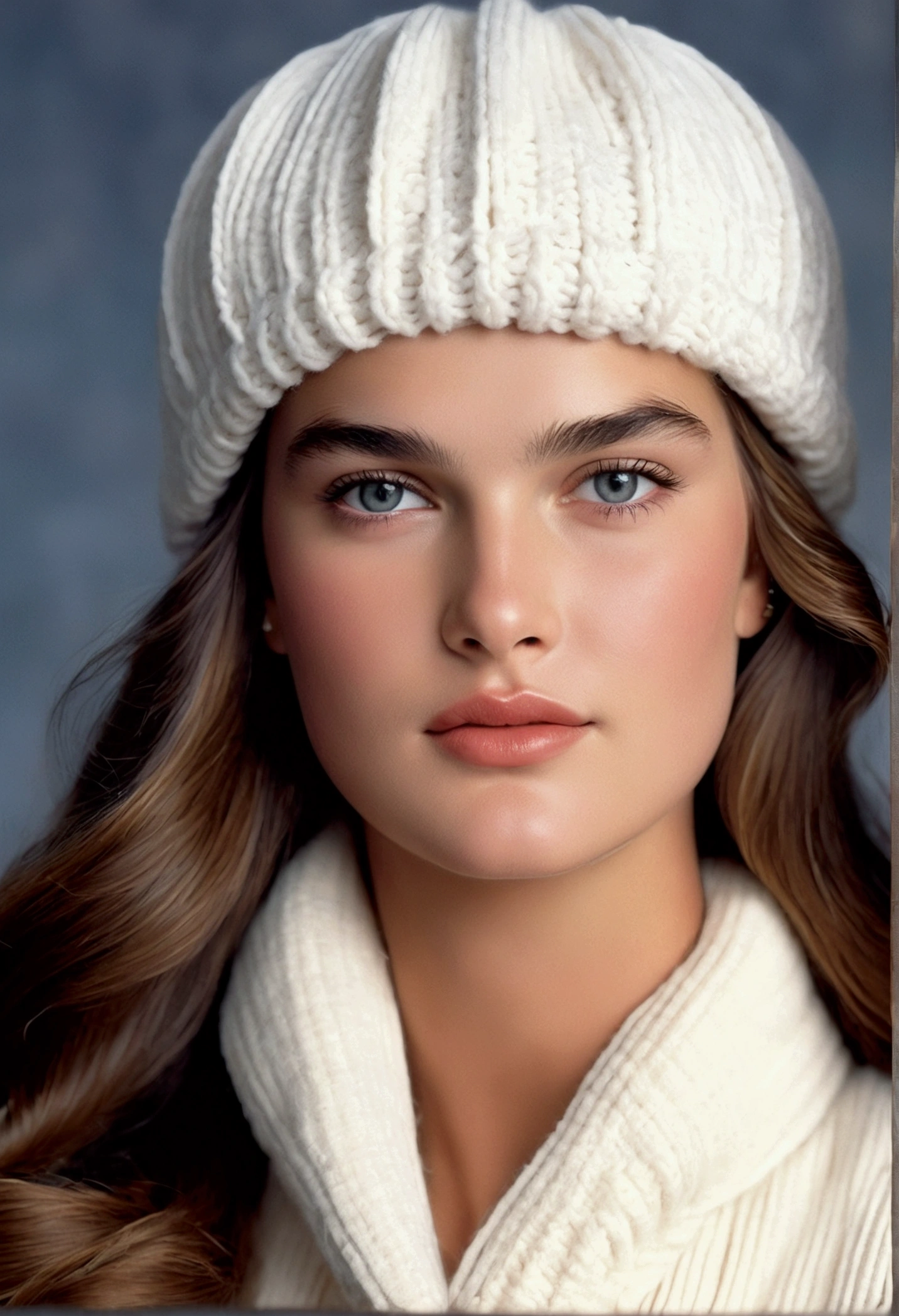 Young 16 year old Brooke shields ((looking very beautiful)) ((((very beautiful face)))) (((in cold wearing white woolen cap ))) ((blur eyes))