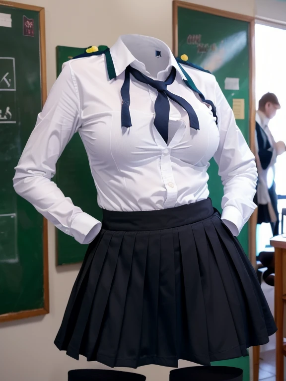 school uniforms raise their sleeves as if can not see girl wear it, school uniforms swells as if possessed by can not see girls, school uniforms have Huge breasts, (((((No humans))))), (Headless), Faceless, can not see girls, Hands on hips, (masterpiece), ((can not see)), Huge breasts, Very short skirt, whole body, socks