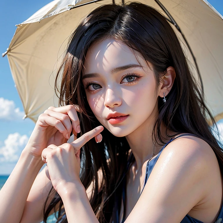 A woman holding a parasol stands on top of a hill、Gothic Dress、Blue sky and clouds 1 girl, Highest quality, masterpiece, Ultra-high resolution, (Realistic:1.4), RAW Photos, 1 girl, Cinema Lighting,((Highest quality、masterpiece、8k、Best image quality、Ultra-high resolution、Award-winning works)、(Accurate anatomy:1.1)、Highly detailed face、Attention to detail、double eyelid、Sharp focus:1.2、Beautiful woman:1.4、Highest quality、masterpiece、Ultra-high resolution、(Realistic:1.4)、Highly detailed and professionally lit smiles、Serious expression、Two Arms, Complete Hそして, Beautiful body, Beautiful fingers, normal finger, Five Fingers, Five Fingers, (Thumb Index Finger Ring Finger), Beautiful ears、 Normal ear, Beautiful Eyes, Shining Eyes, Beautiful mouth, Beautiful Lips,