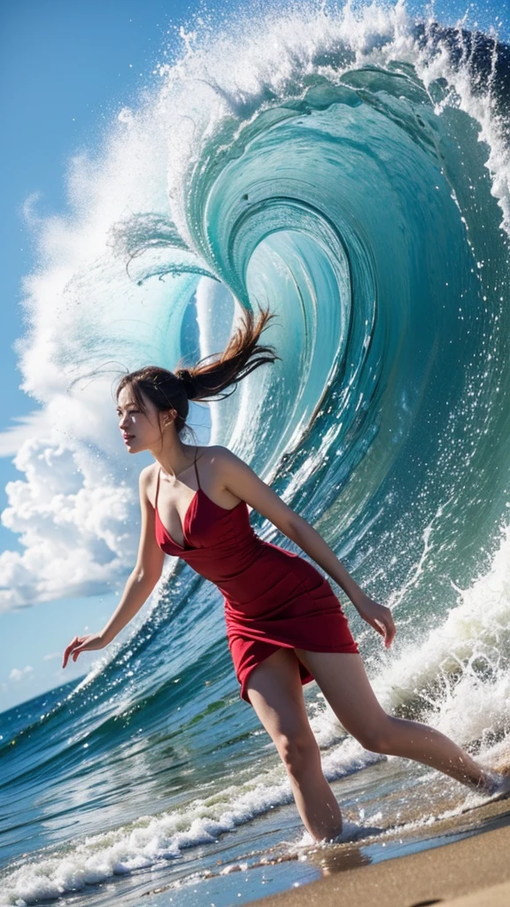 Highest quality,masterpiece,Ultra-high resolution,(Actual:1.4),オリジナルphotograph,Ultra-high resolution,summer,Blue sky,blue sky,8k,Beautiful woman,cute,beautiful,summer,Beach,Fair skin,Exquisite makeup,Big waves,Red Dress,Sandy Beach,Long legs,Bright and beautiful,Blue sky,Clouds flowing、A scene from a movie,photograph,
