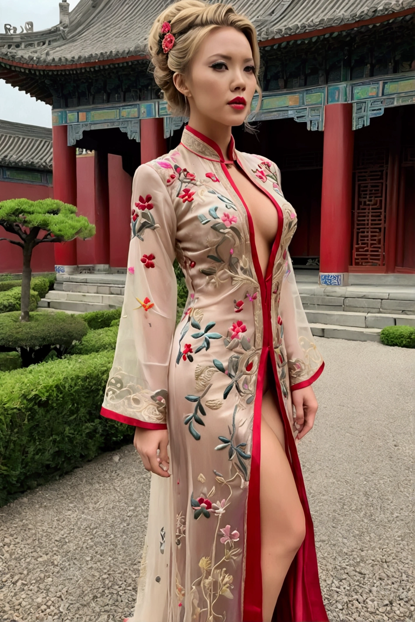 1 woman (Scarlett Johannsson, age 25, intricate silk Chinese dress with lots of embroidery sheer with several large slits, no underwear, traditional hairstyle and Chinese makeup) wandering through a palace garden