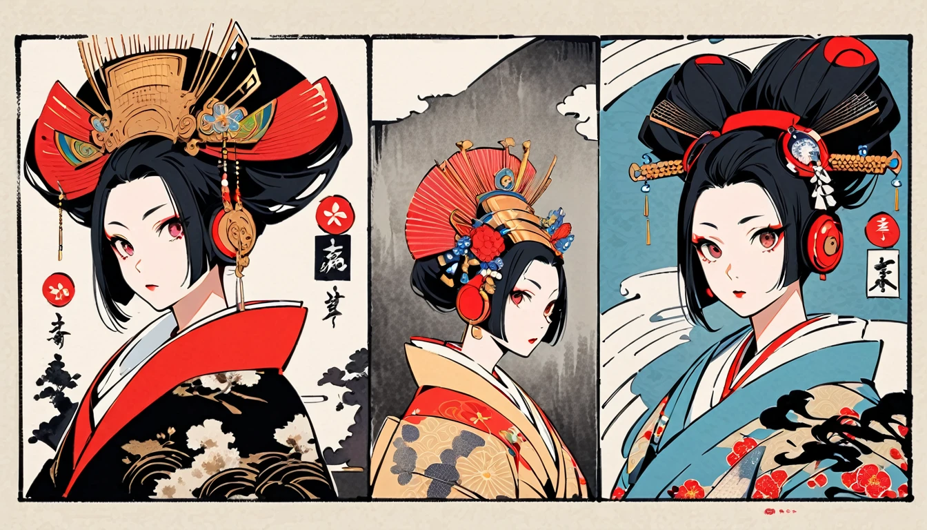 (((Ink Painting))), Fashion portrait color photos, (((1 girl))), (((Oiran))), (((Very flashy hair accessories))), (((Very flashy makeup))), Japanese style headphones, Japan人の美女, Black Hair, Delicate and precise, Modern ukiyo-e style, Red eyes, Japan, Japanese flag, Red and blue background