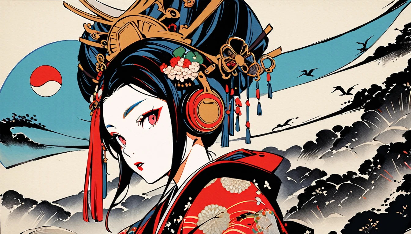 (((Ink Painting))), Fashion portrait color photos, (((1 girl))), (((Oiran))), (((Very flashy hair accessories))), (((Very flashy makeup))), Japanese style headphones, Japan人の美女, Black Hair, Delicate and precise, Modern ukiyo-e style, Red eyes, Japan, Japanese flag, Red and blue background