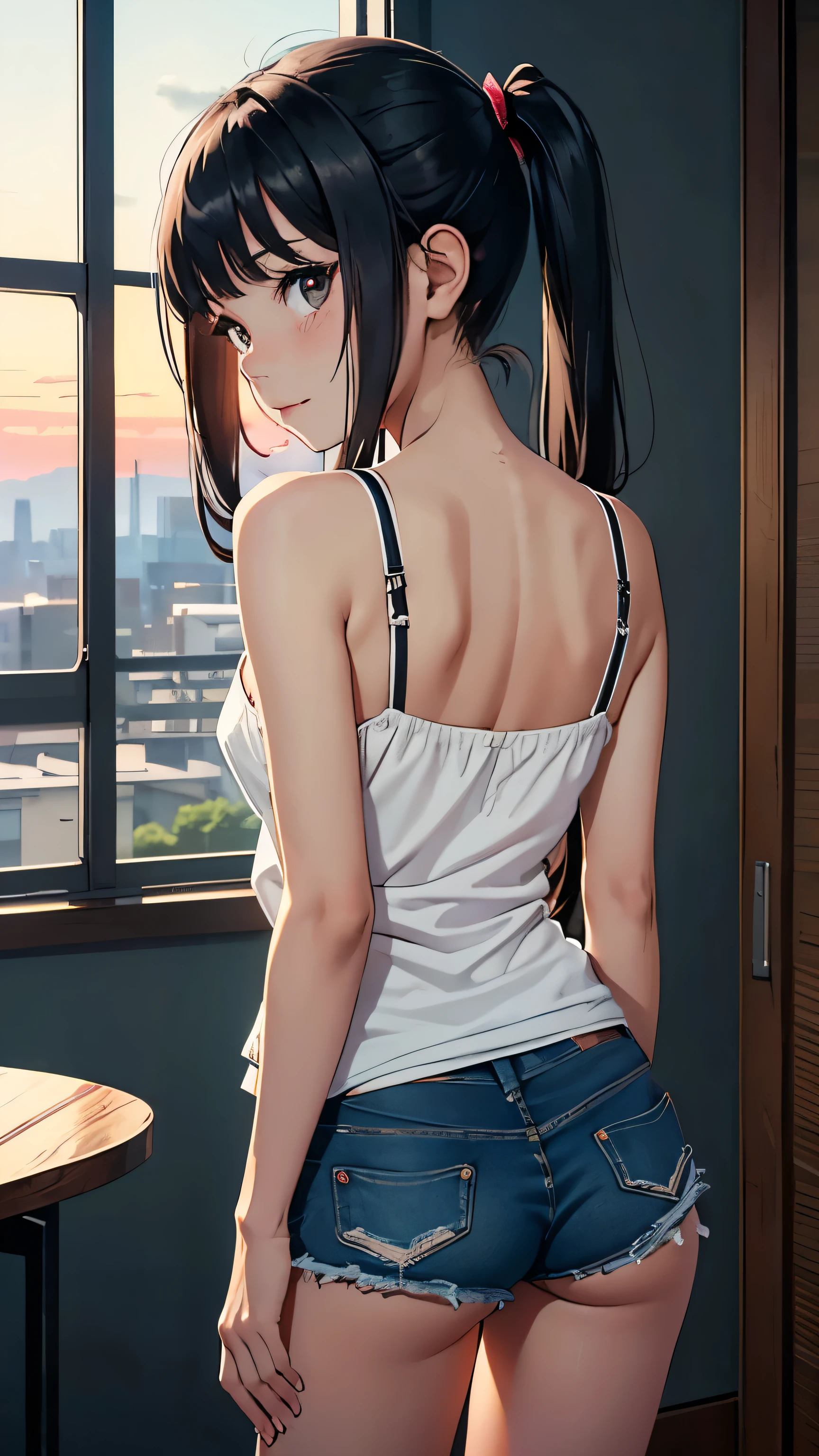 Tabletop, high quality, Young cute girl, Black hair in twin tails,Very short stature,very thin limbs,Very small ass,Very thin thighs,Flat Chest,Distressed low-leg denim shorts,camisole, indoor, spring dusk,beautiful sunset,Dark Room,A shy smile in a state of ecstasy,blush,(Always open fly:1.2),(The cute crack of a woman whose zipper is always half open:1.2),
