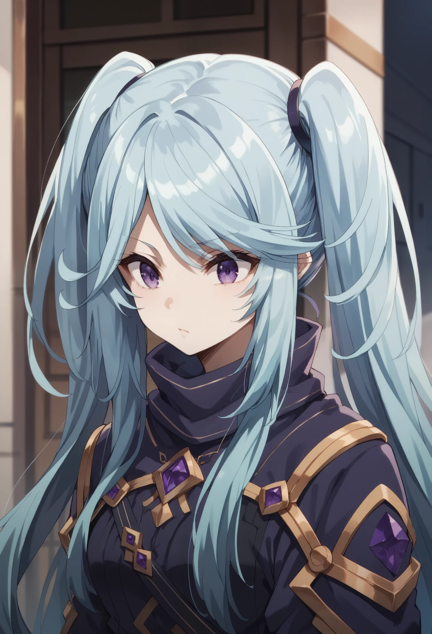 1girl,long hair,blue hair,purple eyes,twintails
