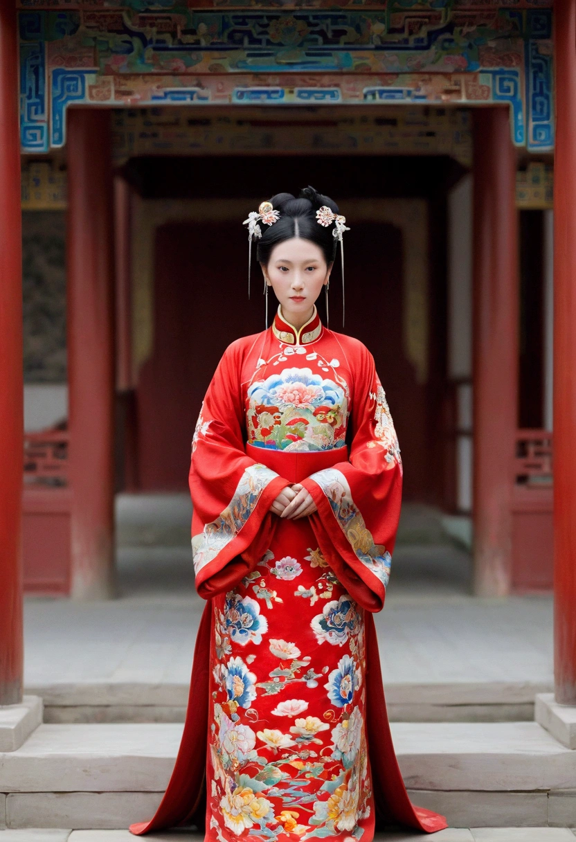 A woman seen from the front, standing facing forward, in the Chinese imperial court of the Qing dynasty, Empress of the Qing dynasty. The Chinese empress is wearing a red Manchu dress with a floral pattern and no crown, open at the front, showing her chest, stomach, thighs and feet. She is completely naked, showing her large breasts without underwear, and even her bare stomach. Her hair is tied up and pulled up, decorated with flashy large flowers and a hairpin, and the background is outside the Chinese imperial court of the Qing dynasty.