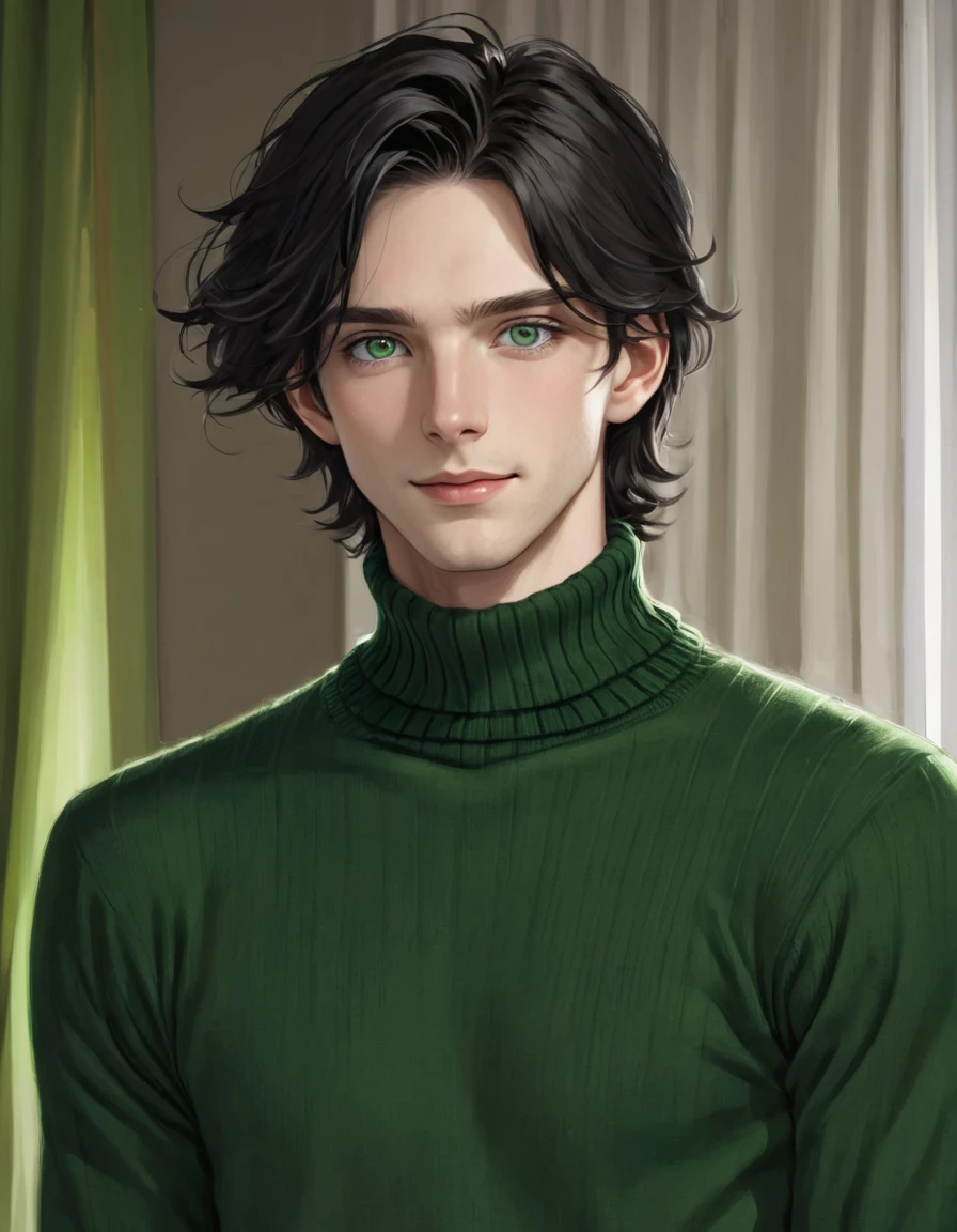 (best quality), 1boy, pale skin, black hair, medium hair, curtain hair, tousled hair, green eyes, perfect eyes, dark circles under eyes, tall, slender, handsome, strong jawline, lazy, light smile, attractive, turtleneck sweater, masterpiece, anatomically correct, highres
