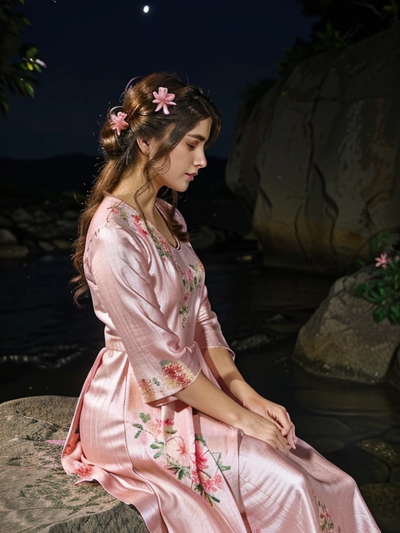 woman sitting on a rock with a pink dress and flower in her hair, wearing pink floral gown, at night time, wearing a silk kurta, dressed with long fluent clothes, candid picture, very very low quality picture, taken in the night, with lovely look, taken with a canon dslr camera, taken with the best dlsr camera, wearing pink floral chiton