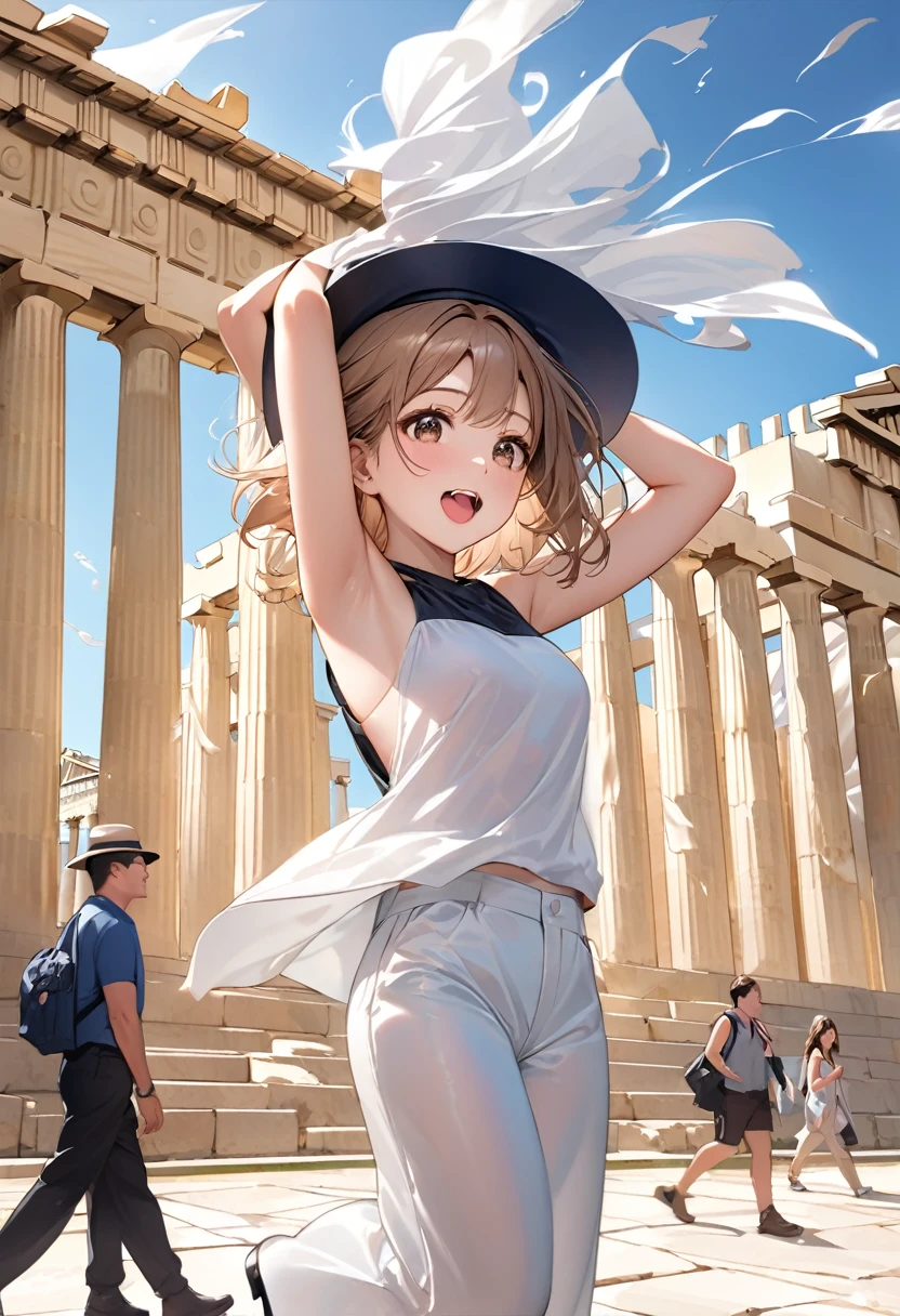 Highest quality, masterpiece, Ultra-high resolution, Realistic:1.2, RAW Photos, Intricate details, Portraiture, Big beautiful brown eyes:1.2, Perfect contours, Perfect proportions:1.2, One Girl, break ((full body:1.2, ((side shot:1.5)), looking away:1.2)), ((petite, short, tiny girl:1.2)), Light Brown Hair、((long floating hair:1.2)), (makeup:1.2, full lips:1.3, pink lips:1.2, shiny lips:1.2), ((Tourists at the Parthenon:1.2, Highly glossy satin sleeveless shirt:1.3, Satin long pants, Low heels、Elegant decorated hat), break ((Arms above head、The hat is blown away by the wind:1.3))、(Admired expression on face at artwork:1.2)、((Mouth wide open:1.2))、 (The background is the Parthenon:1.2、A few tourists are walking), ((Gust of wind:1.2)), (armpit:1.2), (empty-handed)、