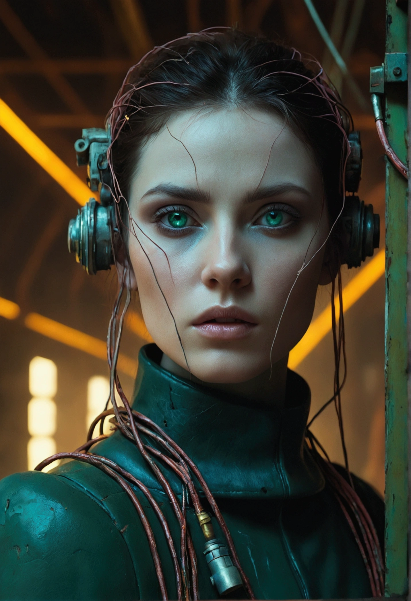 A stunningly beautiful woman with porcelain-like skin, sharp cheekbones, and piercing emerald green eyes, is positioned in a dramatic close-up shot, filling the frame, inside an abandoned, decrepit space station, with a backdrop of complex, metallic components, tangled wires, and rusted machinery, evoking a sense of desolation and neglect. The image isrendered in a striking cinematic style, reminiscent of Beksinski's dark, surreal masterpieces, with heavy influences from Methurlant's and Maciej Kuciara's dystopian visions, fused with Jama Jurabaev's vibrant, futuristic aesthetic, and a touch of Wojtek Fus's atmospheric, neon-lit ambiance. The atmosphere is tense, with an emphasis on high contrast, shallow depth of field, and a vignette that draws the viewer's attention to the subject's enigmatic gaze. The color palette is bold, with a focus on cinematic color grading, featuring warm, golden hues, deep blues, and flashes of neon pink, as if shot on Kodak Porta 400 and Cinestill 800 film, with a Leica M10 camera, yielding a distinct, filmic quality.A stunningly beautiful woman with porcelain-like skin, sharp cheekbones, and piercing emerald green eyes, is positioned in a dramatic close-up shot, filling the frame, inside an abandoned, decrepit space station, with a backdrop of complex, metallic components, tangled wires, and rusted machinery, evoking a sense of desolation and neglect. The image isrendered in a striking cinematic style, reminiscent of Beksinski's dark, surreal masterpieces, with heavy influences from Methurlant's and Maciej Kuciara's dystopian visions, fused with Jama Jurabaev's vibrant, futuristic aesthetic, and a touch of Wojtek Fus's atmospheric, neon-lit ambiance. The atmosphere is tense, with an emphasis on high contrast, shallow depth of field, and a vignette that draws the viewer's attention to the subject's enigmatic gaze. The color palette is bold, with a focus on cinematic color grading, featuring warm, golden hues, deep blues, and flashes of