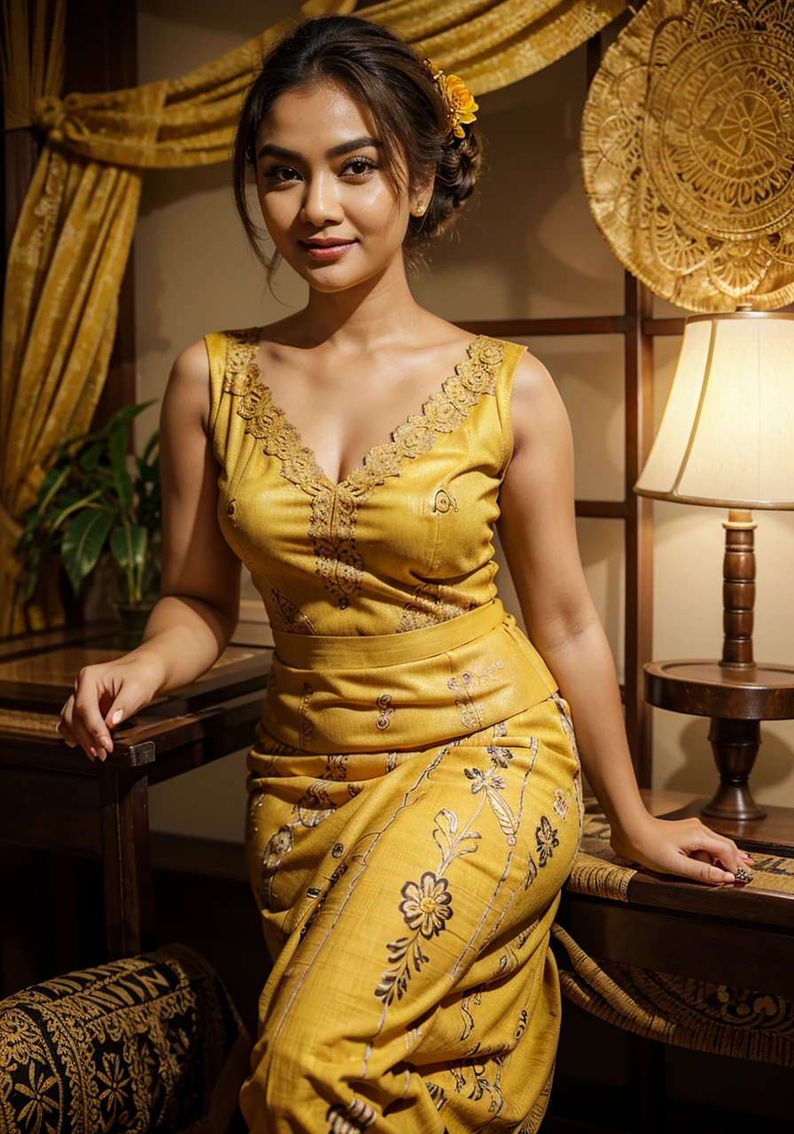 create a realistic picture of a woman with a proportional body shape wearing a golden yellow kebaya decorated with fine lace, combined with brown and black batik cloth. She has a round face, fair skin, thick eyebrows, big eyes with dramatic makeup, and natural lipstick. Her hair was styled in a traditional bun and decorated with cream flowers. This woman smiled sweetly and posed slightly bent with her hands resting on her knees.