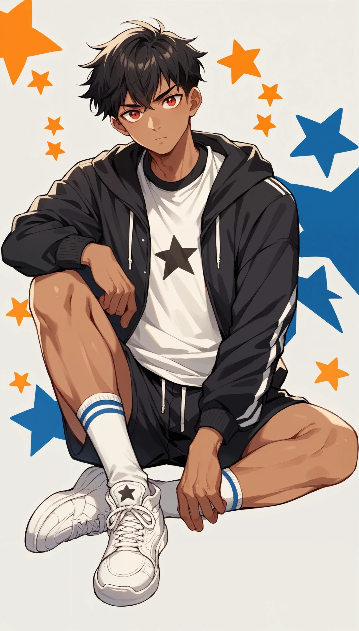Handsome boy,Black Hair,Tanned skin,black sports wear,Slim body,sit,He has a pair of warm red eyes,Stars background,White socks,White sneakers,Vision