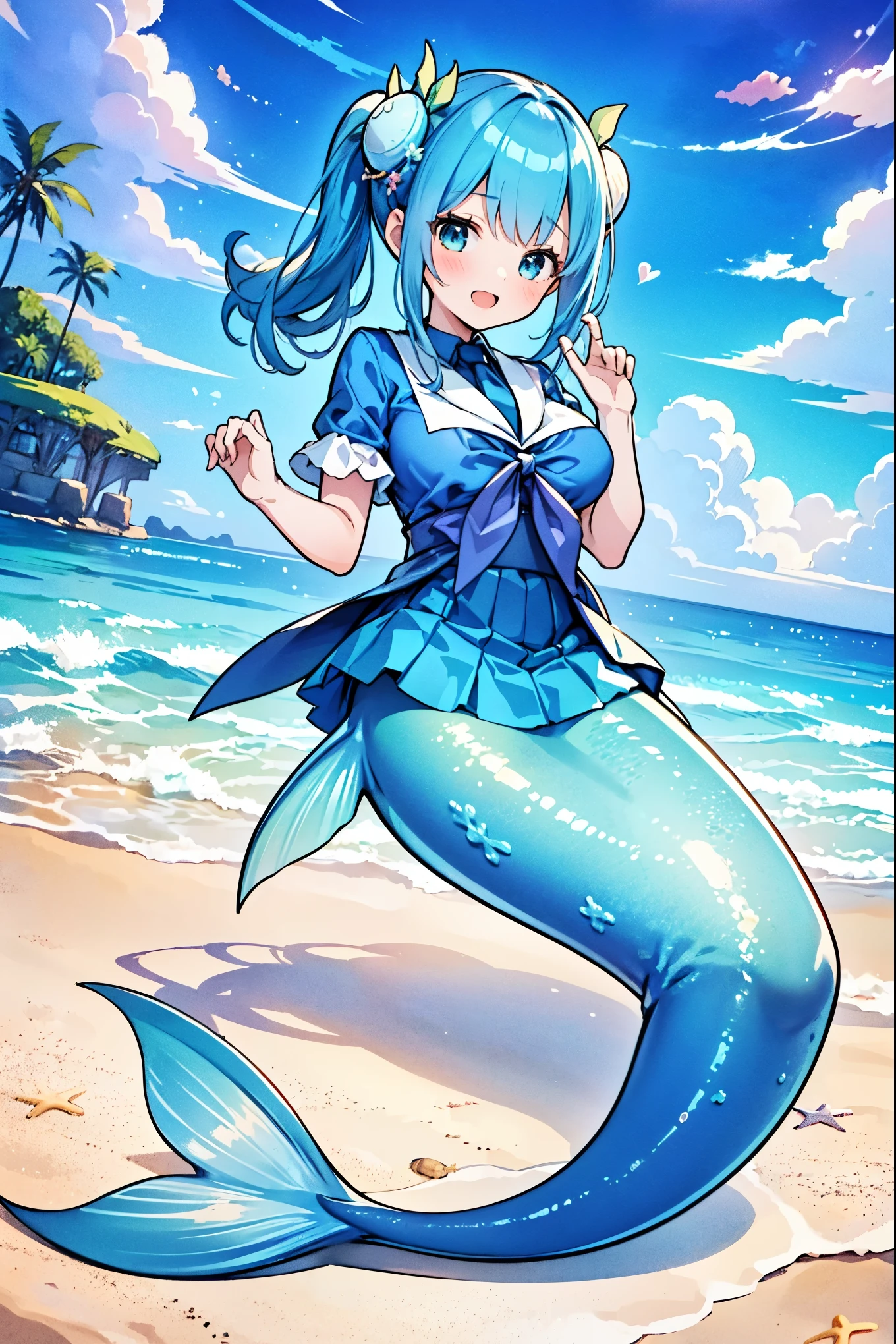 masterpiece, best quality,(Full fingers),A woman,Mermaid,Large Breasts,Blue shirt,Blue Skirt,藍色的Mermaid尾巴,full-body shot,ocean,Beach,charming脸(Kawaii, charming,Soft)