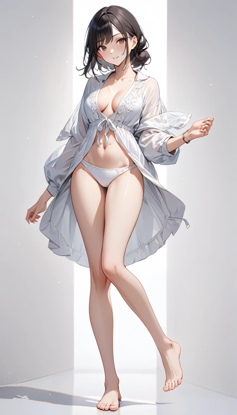Extremely delicate full-body shot, 1girl, 独奏, Detailed and accurate body, Firm and moisturized skin texture, Clear details, Revealing facial details, barefoot, Anatomically correct hand, Casual clothing, Ultimate Quality, 