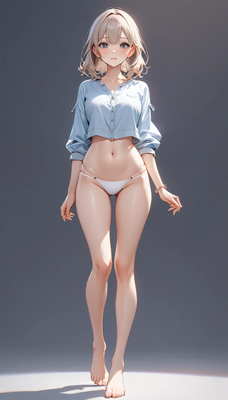 Extremely delicate full-body shot, 1girl, 独奏, Detailed and accurate body, Firm and moisturized skin texture, Clear details, Revealing facial details, barefoot, Anatomically correct hand, Casual clothing, Ultimate Quality, 