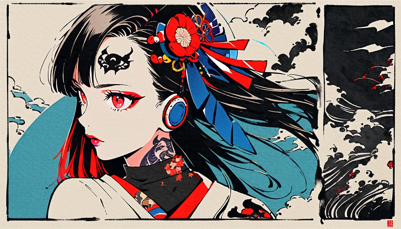 (((Ink Painting))), Fashion portrait color photos, (((1 girl))), (((Tattoo in the center of the forehead))), (((Very flashy hair accessories))), (((Very flashy makeup))), Japanese style headphones, Japan人の美女, Black Hair, Delicate and precise, Modern ukiyo-e style, Demon Possession, Red eyes, Japan, Japanese flag, Red and blue background