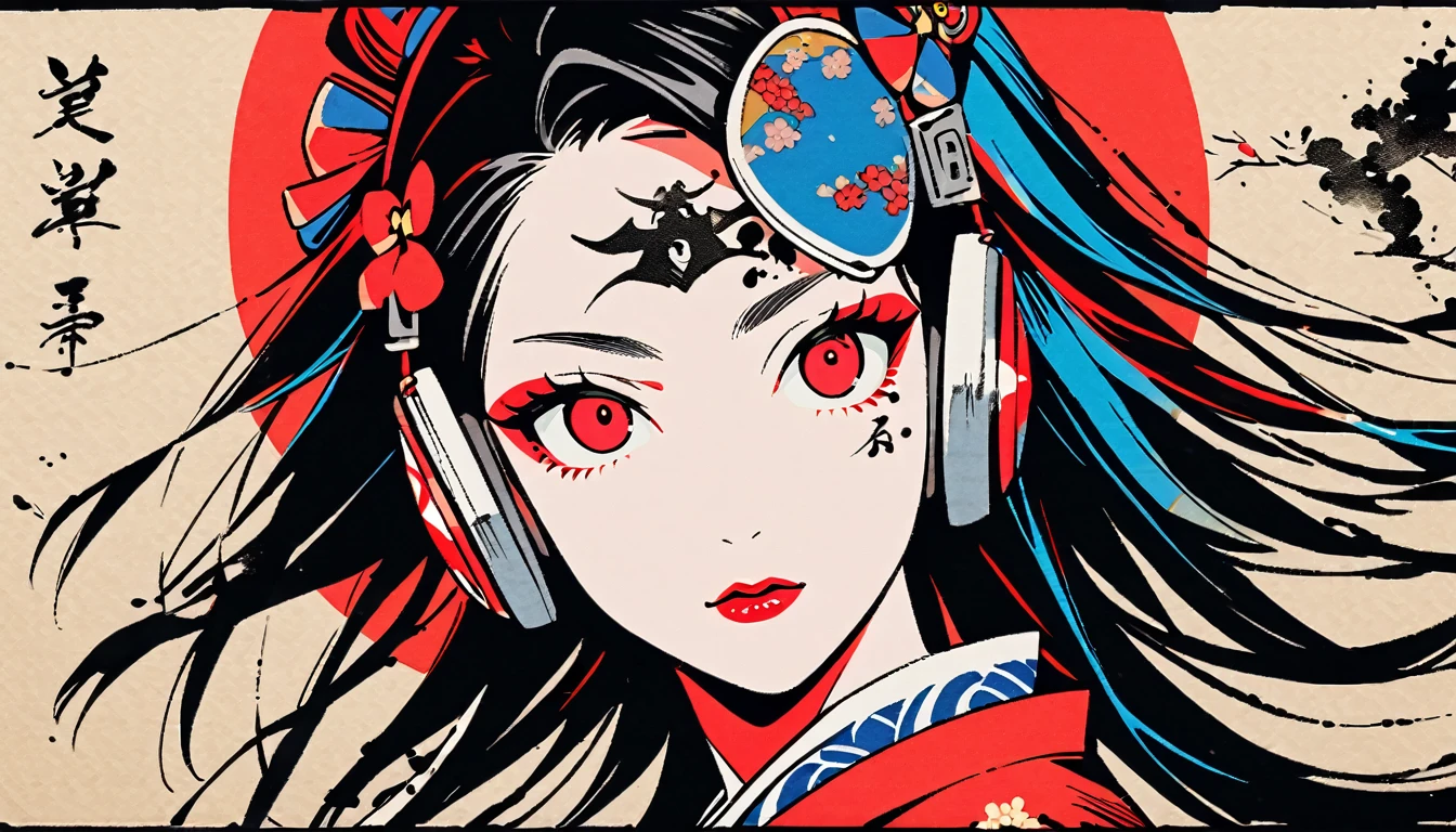 (((Ink Painting))), Fashion portrait color photos, (((1 girl))), (((Tattoo in the center of the forehead))), (((Very flashy hair accessories))), (((Very flashy makeup))), Japanese style headphones, Japan人の美女, Black Hair, Delicate and precise, Modern ukiyo-e style, Demon Possession, Red eyes, Japan, Japanese flag, Red and blue background