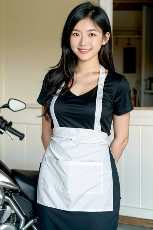 Beautiful Taiwanese female mechanic (a little overweight, curvaceous), working on a motorbike factory, wearing only a red work apron with no shirt, holding the engine part of the new motorbike and smile. he was sweaty and wet from it hot weather.