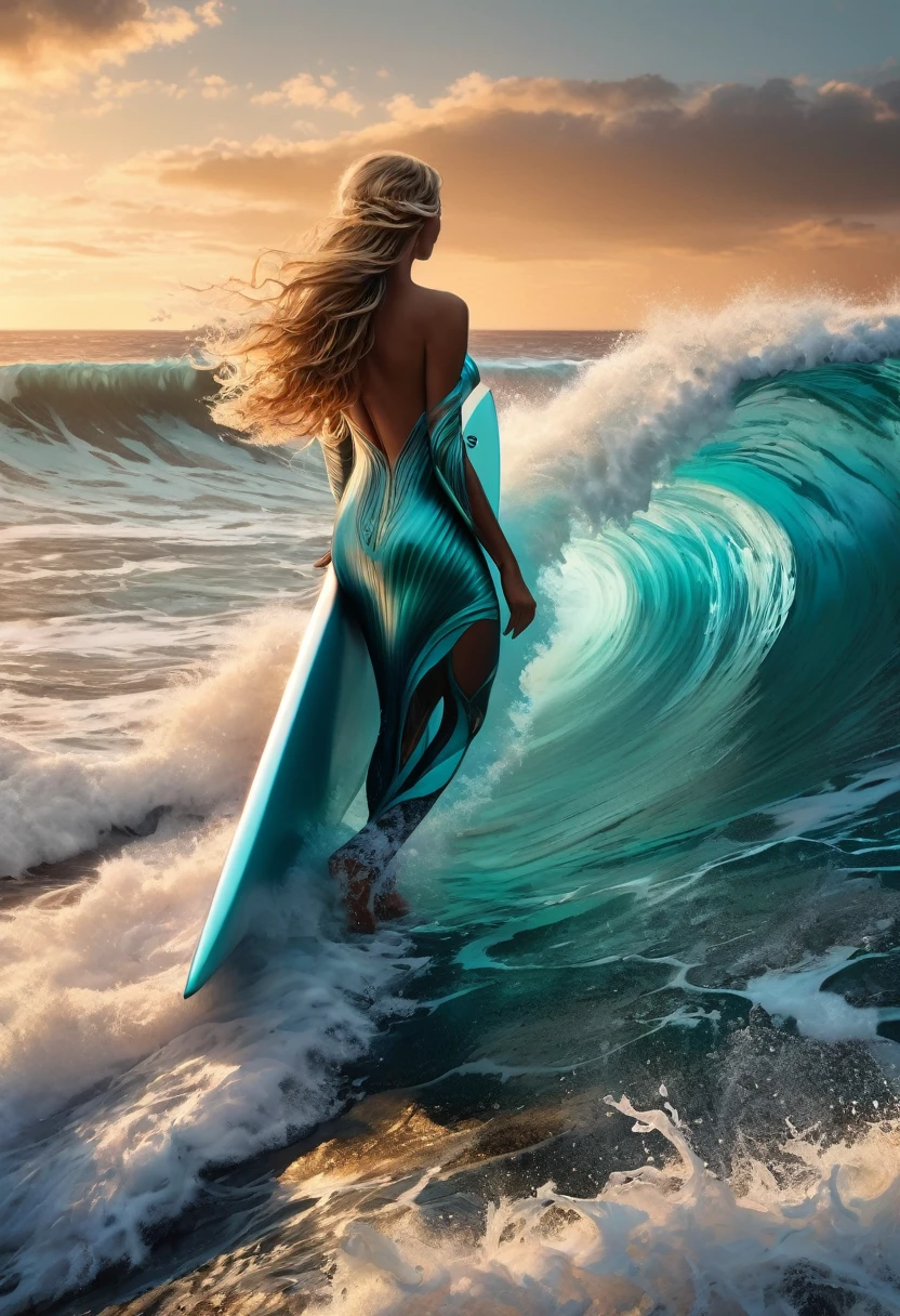 la plus haute qualité,masterpiece ,Ultra haute résolution,(réel:1.4),Photo originale,Ultra haute résolution,8k,Il y a une sublime femme surfeuse, peau claire, Maquillage exquis,Grandes vagues,Robe de soirée sublime :1.5, sublimes Longues jambes, Lumineux et beau, surf dans la vague fractale, à l'intérieur de la vague