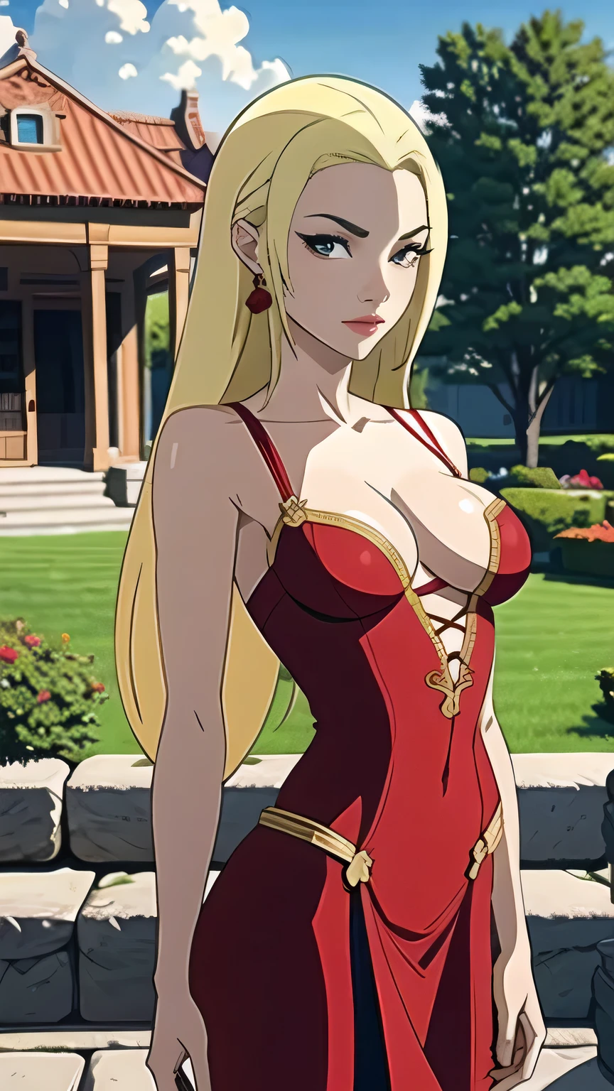 (cowboy shot), (masterpiece, best_quality, detailed, immaculate:1.3), epic, illustration,Anime Style
BREAK
ArtemisYJ,super long hair,Blonde Hair,
(Red dress) ,medium breast,cleavage,earrings ,
BREAK
(courtyard, garden, outdoors, gorgeous view)