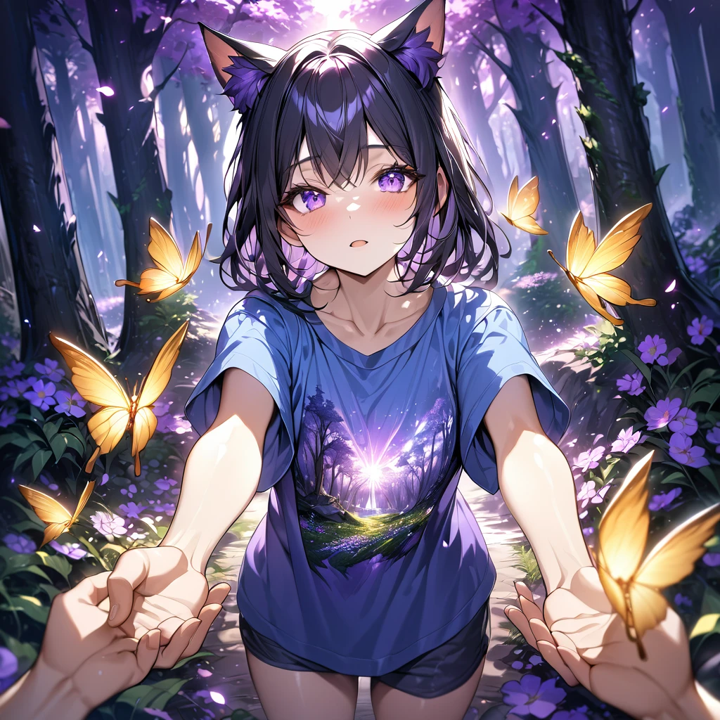 boy with blue summer tshirt, cat ears, forest,purple dark light, absurdres, highres, ultra detailed, HDR, master piece, best quality, black hair, expressive purple eyes, magical, fantasy, shining, purple flowers, blossoms, yellow butterflies, medium shot, Taking hand
