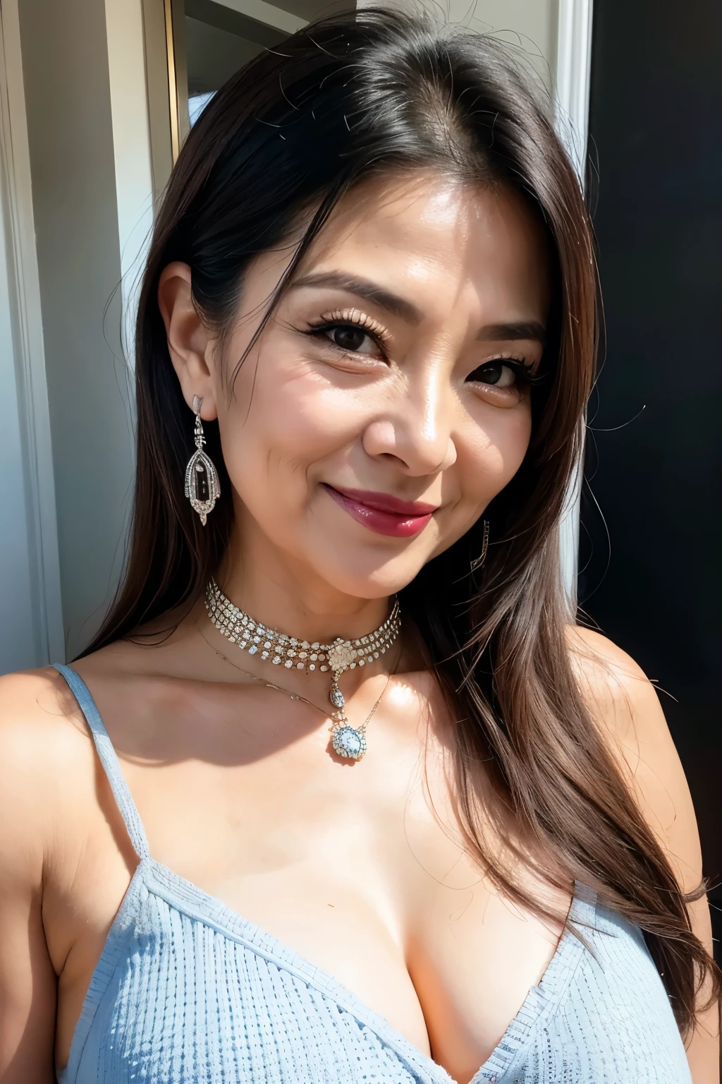 75 years old mom milf Korean, Lady large earring Big choker navel piercing decoration A bracelet Silver Hair realisitic Gorgeous Madame Beautiful Mature Woman sexly Smile Gentle woman navel piercing 4K High quality gorgeous madam beautiful mature woman