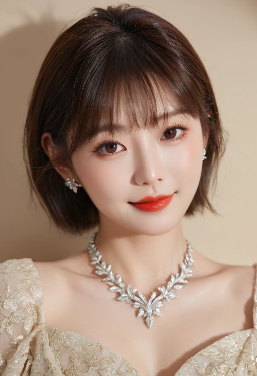 (Highest quality、On the table、8k、Best image quality、Award-winning works)、(Young girl, 24-years-old:1.3)、(The perfect floral dress,Sense of luxury,)、(Red eyeshadow:1.2)、Perfect Makeup、Long eyelashes、Ultra HD Shining Eyes、Ultra HD Hair、Ultra-high resolution glossy lips、Ultra High Resolution Perfect Teeth、Ultra HD cute face、Brown Hair、(Very short straight hair:1.1)、Look at me and smile、[clavicle]、Accurate anatomy、(Face close-up:1.5)、Luxury Love Hotel、(The most atmospheric warm light:1.2)、Blurred Background、Has bangs、Ultra-high-definition, shiny, moisturized face、Ultra-high resolution glowing skin、The most delicate face、Super high resolution detailed faces、ultra high resolution hair、Ultra high resolution glowing eyes、Beautiful face with detailed expression、Ultra high resolution glossy red lips、Big Breasts、Split、Fashion Necklace
