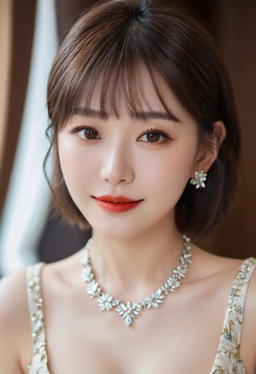 (Highest quality、On the table、8k、Best image quality、Award-winning works)、(Young girl, 24-years-old:1.3)、(The perfect floral dress,Sense of luxury,)、(Red eyeshadow:1.2)、Perfect Makeup、Long eyelashes、Ultra HD Shining Eyes、Ultra HD Hair、Ultra-high resolution glossy lips、Ultra High Resolution Perfect Teeth、Ultra HD cute face、Brown Hair、(Very short straight hair:1.1)、Look at me and smile、[clavicle]、Accurate anatomy、(Face close-up:1.5)、Luxury Love Hotel、(The most atmospheric warm light:1.2)、Blurred Background、Has bangs、Ultra-high-definition, shiny, moisturized face、Ultra-high resolution glowing skin、The most delicate face、Super high resolution detailed faces、ultra high resolution hair、Ultra high resolution glowing eyes、Beautiful face with detailed expression、Ultra high resolution glossy red lips、Big Breasts、Split、Fashion Necklace
