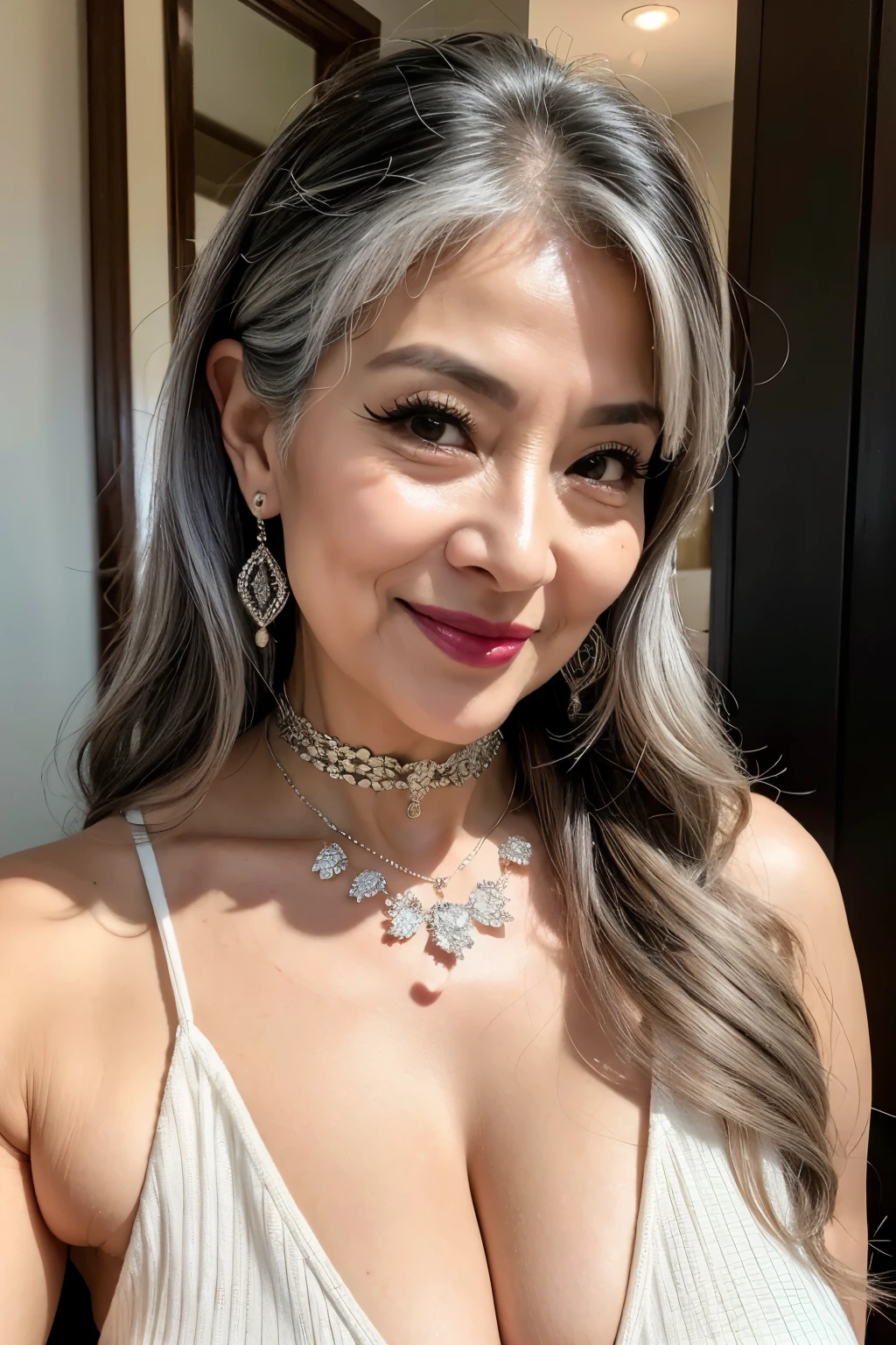 75 years old mom milf Korean, Lady large earring Big choker navel piercing decoration A bracelet Silver Hair realisitic Gorgeous Madame Beautiful Mature Woman sexly Smile Gentle woman navel piercing 4K High quality gorgeous madam beautiful mature woman