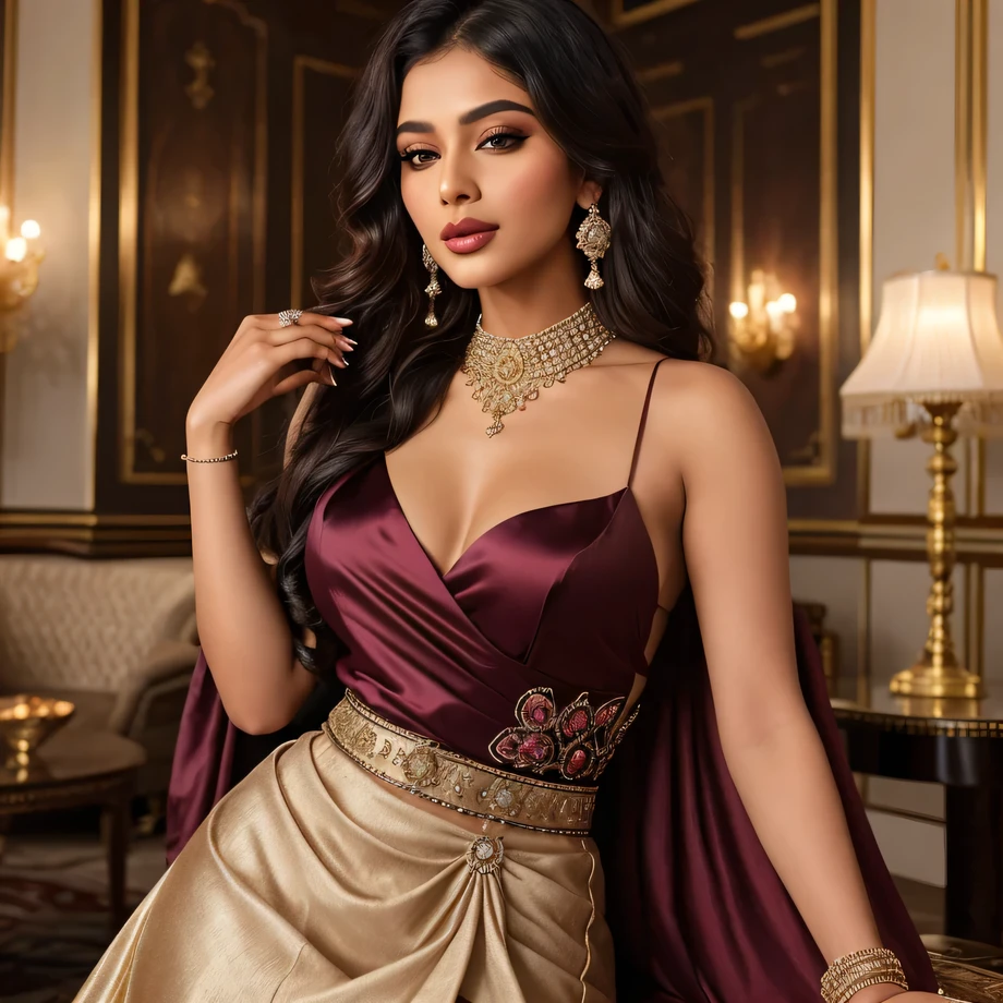 Create an ultra-realistic image of a modern, attractive female influencer of Indian descent, aged between 27 to 30. She should have a warm and inviting smile, expressive almond-shaped eyes with a slight shimmer, and clear, glowing skin with a medium brown complexion. Her features should be well-defined, with high cheekbones and a sharp jawline. Her hair should be styled in soft, elegant curls, pinned back with a delicate jeweled hairpin, and colored in a rich, deep hue. She should have a slender yet athletic build, reflecting a healthy and active lifestyle.
She is wearing a luxurious plum silk gown featuring an opulent beaded bodice with heavy embellishments and a flowing skirt. The bodice is intricately adorned with layers of heavy beadwork, including sparkling gemstones and fine embroidery, creating a sumptuous and high-end appearance. The rich silk fabric drapes elegantly into a flowing skirt, subtly embellished to enhance the gown's overall luxurious look. The gown should highlight her gigantic, plump breasts.
The background should be an opulent ballroom with rich, dark wood paneling, ornate chandeliers, and sophisticated decor, adding an air of grandeur and elegance to the scene. Her overall appearance should exude confidence, approachability, and sophistication, capturing the essence of a contemporary Indian fashion influencer in a luxurious setting.