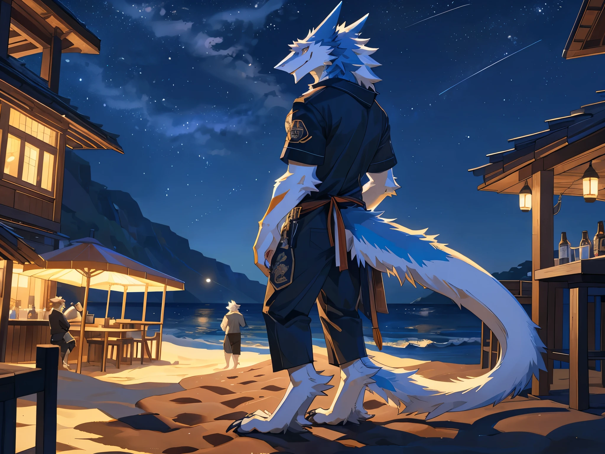 Lonly face,masterpiece, high quality, hi res, digital painting \(artwork\), by kuroisumi, yupa,kiyosan. soft lighting, solo, (anthro male wolf), (Green body), sunshine, beach, loincloth, sea, cloud, dark, bright, sand, from side, necklace. impasto, panorama,portrait,135mm,looking at viewer,character focus. detailed background,amazing background,outdoors,scenery,light particles, kemono, (cute), ass