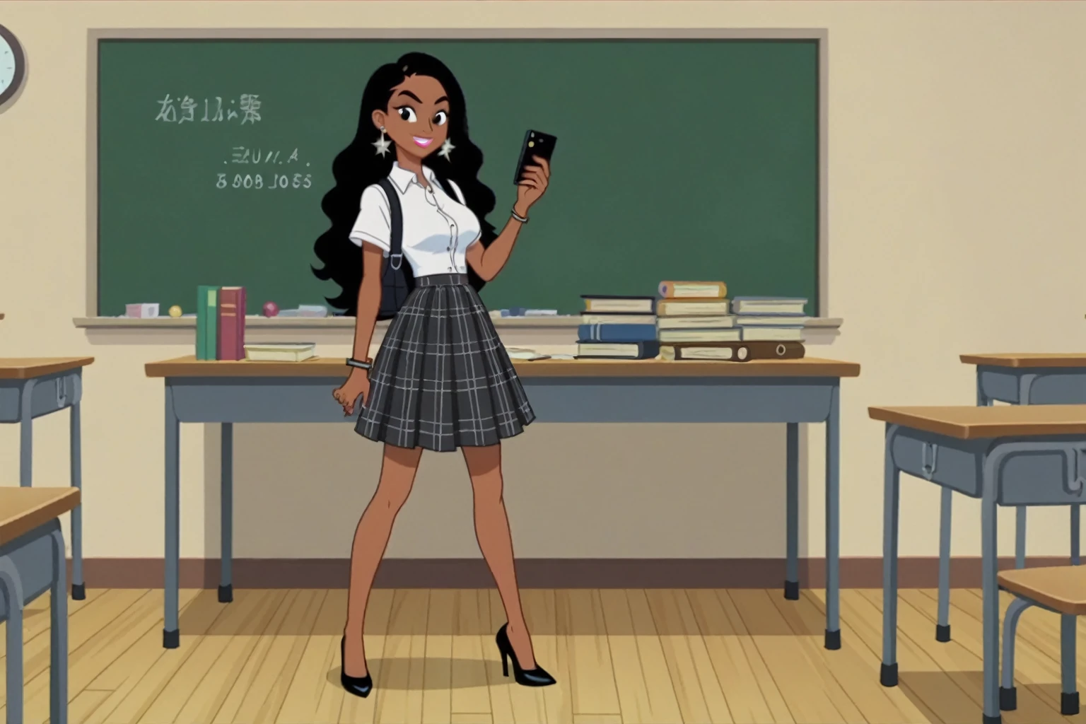 score_8_up, score_7_up, BREAK, screencap, 1girl, solo, Timberly Johanssen, black hair, teenage, long hair, dark skin, african american, black eyes, black eyebrows, large breast, bra size c, full body, pink lipstick, short sleeves, white blouse, black and white argyle vest, black plaid long skirt, black high heel shoes, black bracelet, black star earrings, indoors, standing up, hillwood, looking at viewer, high school, sunny, blue sky, smile, large classrooms, chalkboard, students' desk, globe, textbooks, ruler, ink pen, notebooks, black purse, black backpack, smartphone