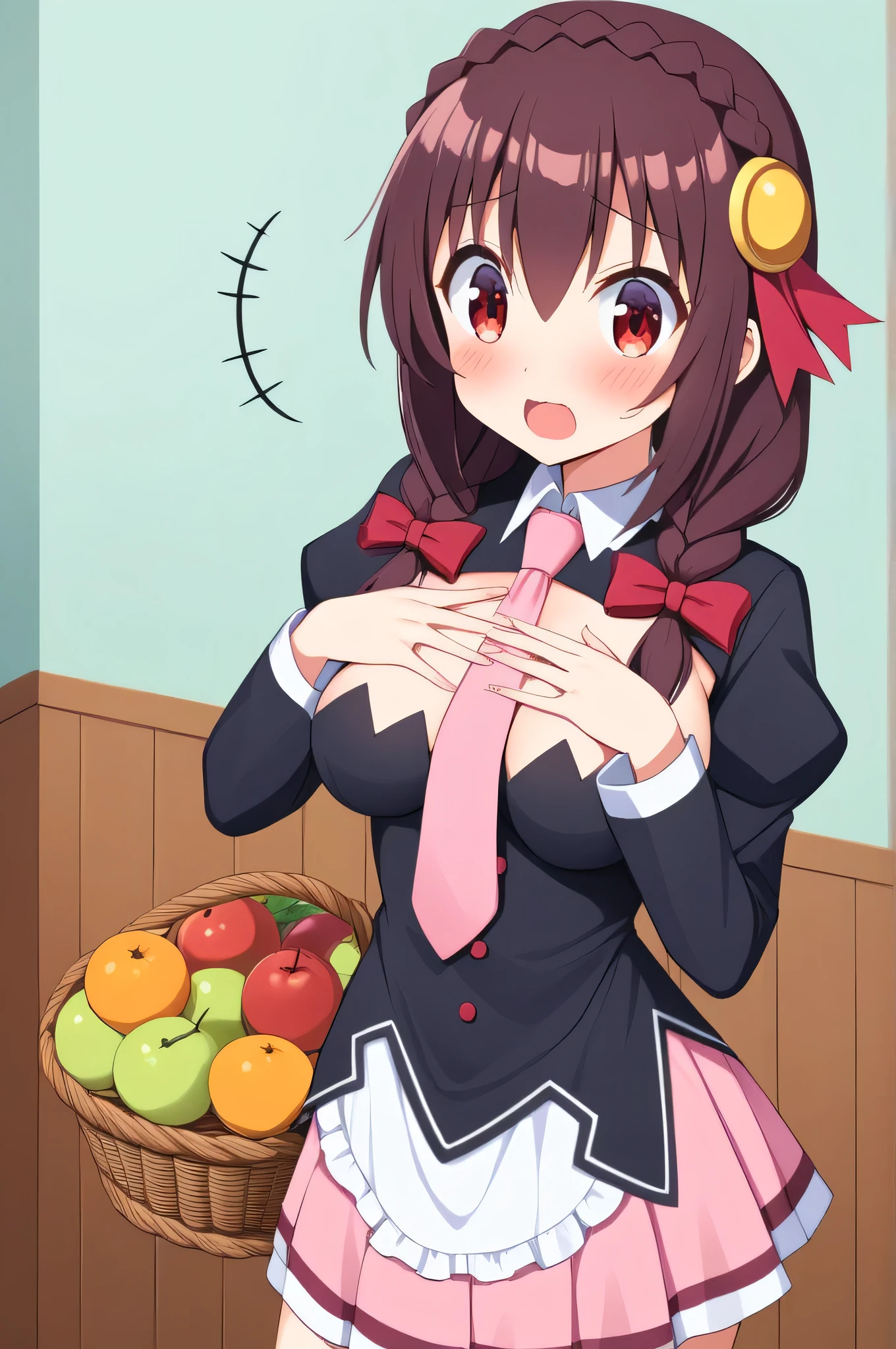 alone, One girl, Yunyun, (Surprised expression:1.3)、(blush:1.3)、 Mouth open、View your viewers, Crown braids of the same color as your hair, Red Eyes、hair ornaments, Hair Ribbon, Pink tie, Long sleeve, Pink Skirt, Knee socks, Cleavage,  (Holding a fruit basket to her chest:1.2)